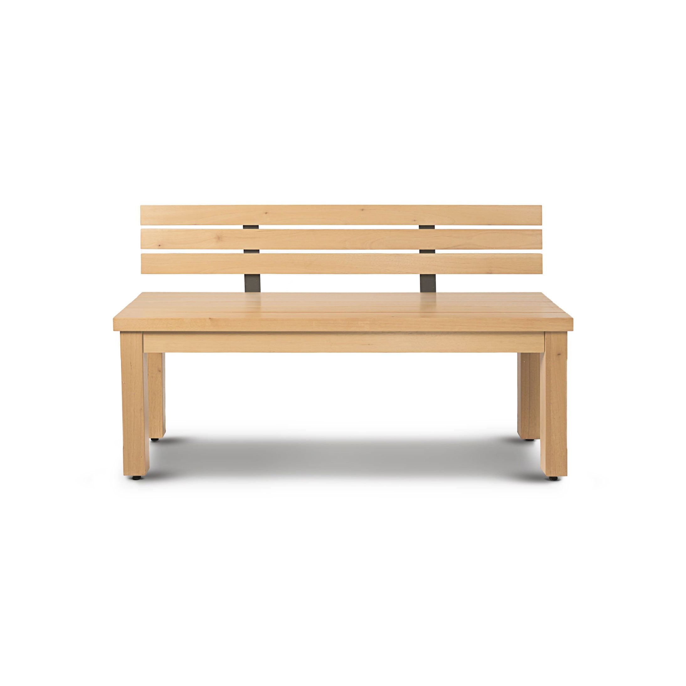Le banc long avec dossier extérieur Humble Nature Vivere │ Naturel présente un design minimaliste et écologique avec son bois clair, son dossier à lattes et ses pieds robustes sur fond blanc.