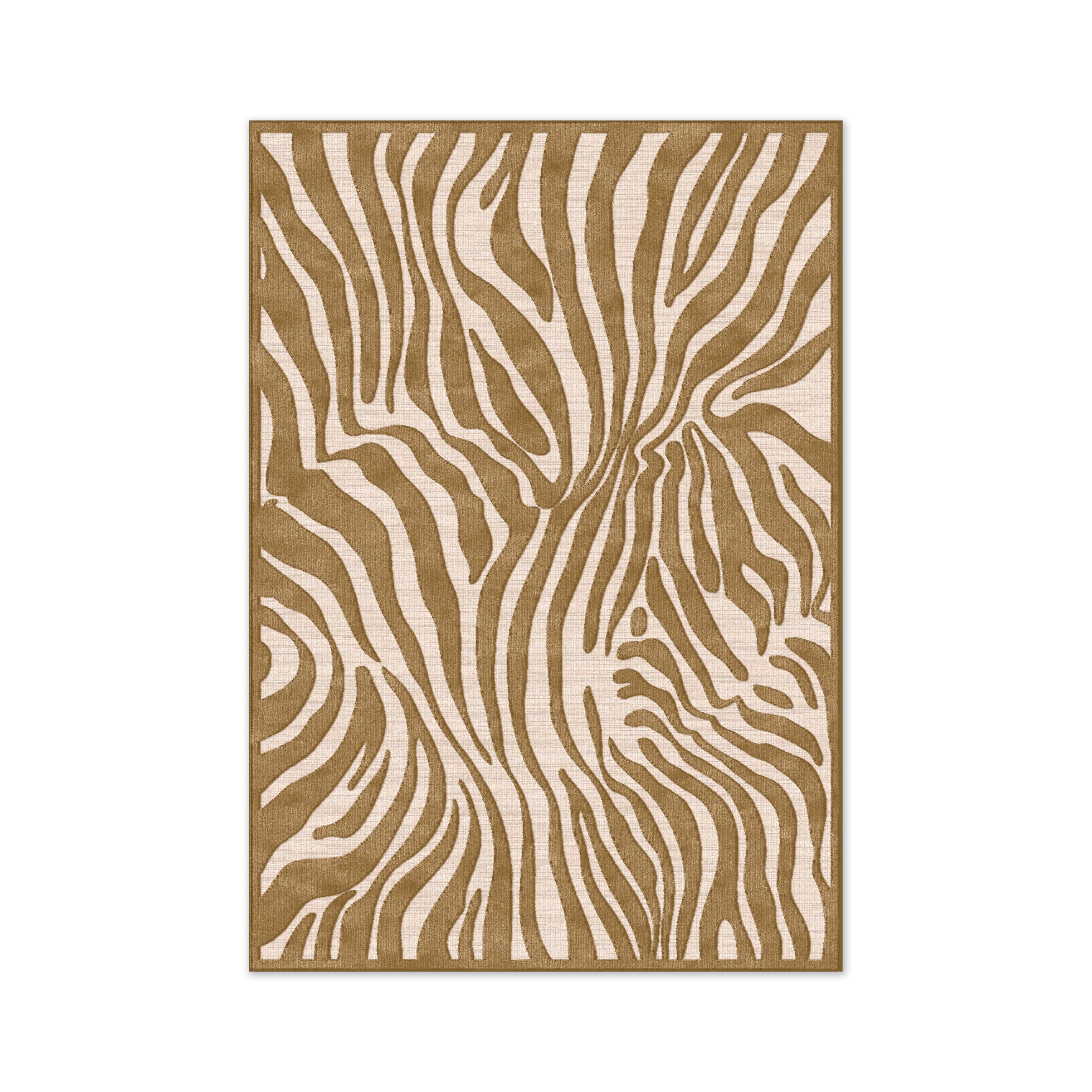 Le Tapis intérieur belge Tribe | TEMPLE de Humble Nature présente un motif abstrait à rayures zébrées dans les tons beige et marron. Fabriqué en viscose pure avec un tissage moderne, il offre un look élégant et organique à votre espace.