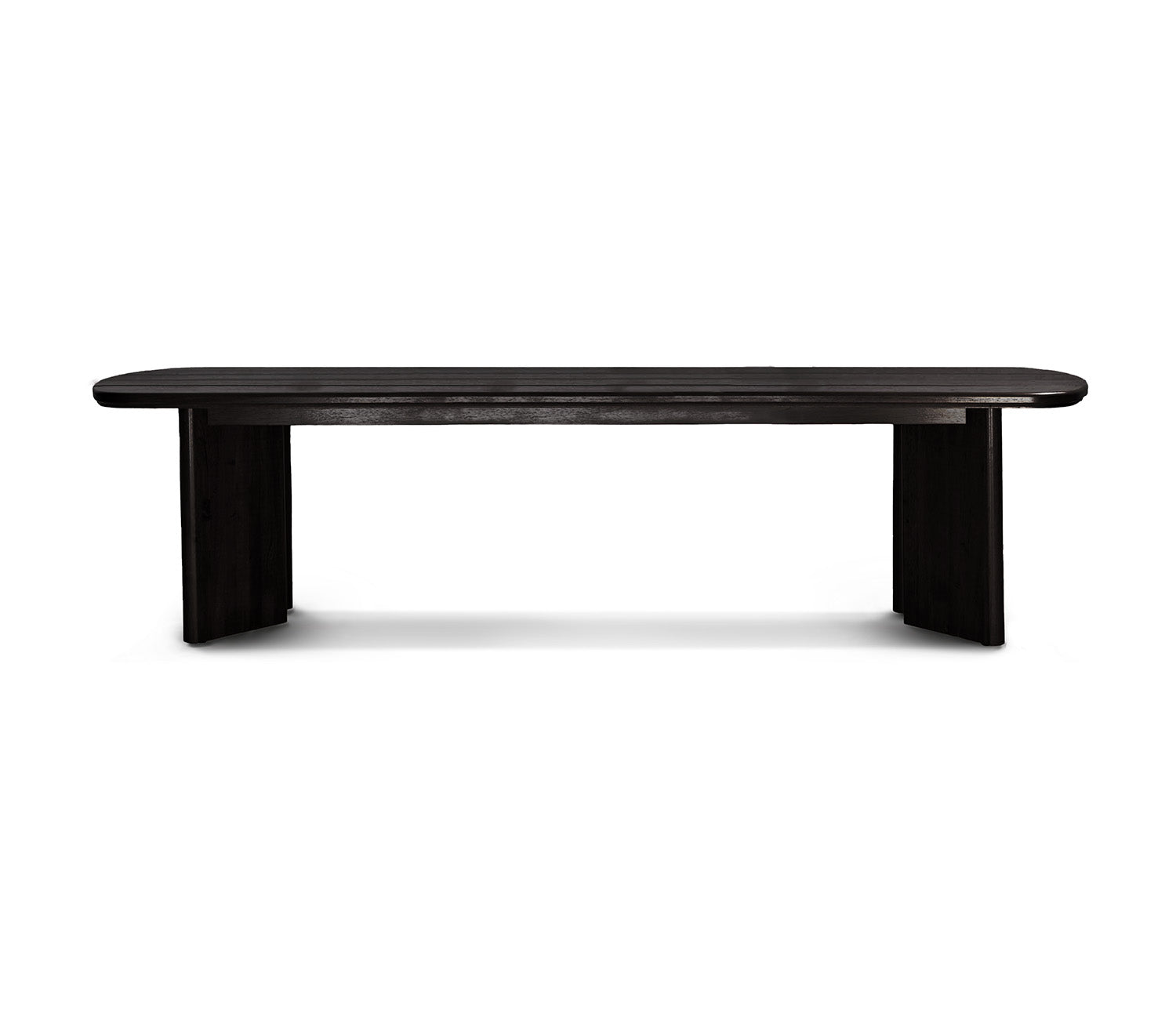 La Table extérieure Horizon 132" │ Noir de Humble Nature est un banc en bois noir, élégant et moderne, fabriqué à partir de bois écologique. Son plateau rectangulaire lisse et arrondi est doté de pieds robustes. Son design minimaliste est magnifiquement mis en valeur sur un fond blanc uni.