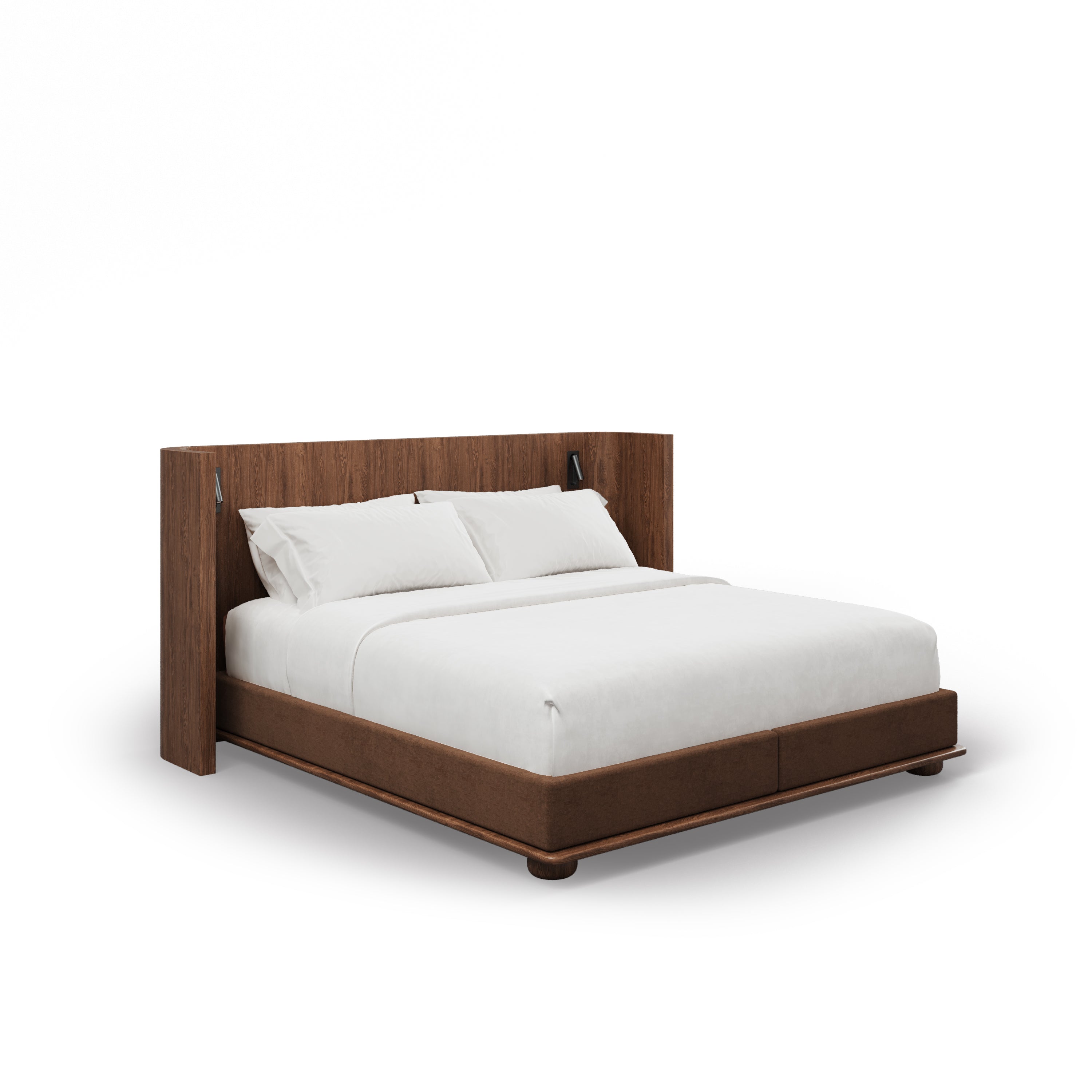 The Lit Essence | Pecan de Humble Nature Design, fabriqué en bois de pécan massif avec un cadre et une tête de lit élégants, une literie blanche et deux oreillers, allie luxe et style minimaliste sur un fond blanc uni.