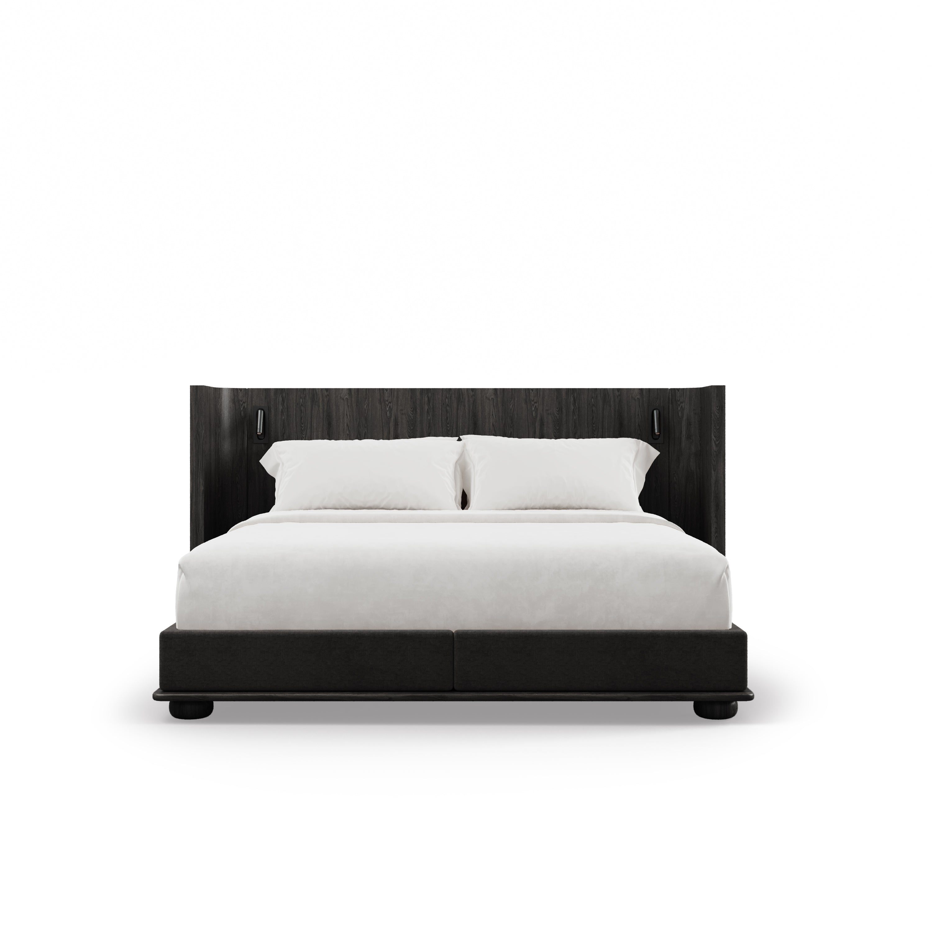 The Lit Essence | Onyx de Humble Nature présente une grande tête de lit en chêne rouge, deux lampes de lecture et une literie blanche impeccable avec deux oreillers, alliant luxe moderne et style minimaliste sur un fond blanc uni.