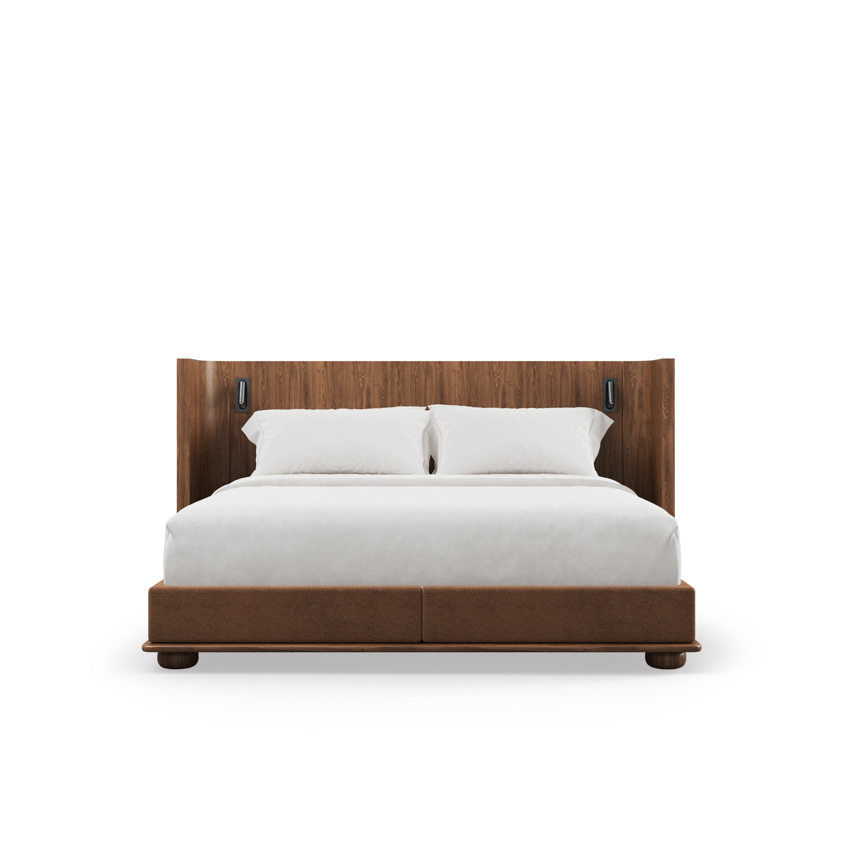 Le design Humble Nature Lit Essence | Pecan présente un look luxueux et moderne avec une literie blanche, deux oreillers, une tête de lit en bois de pécan massif et des lampes de lecture intégrées sur un fond blanc minimaliste.