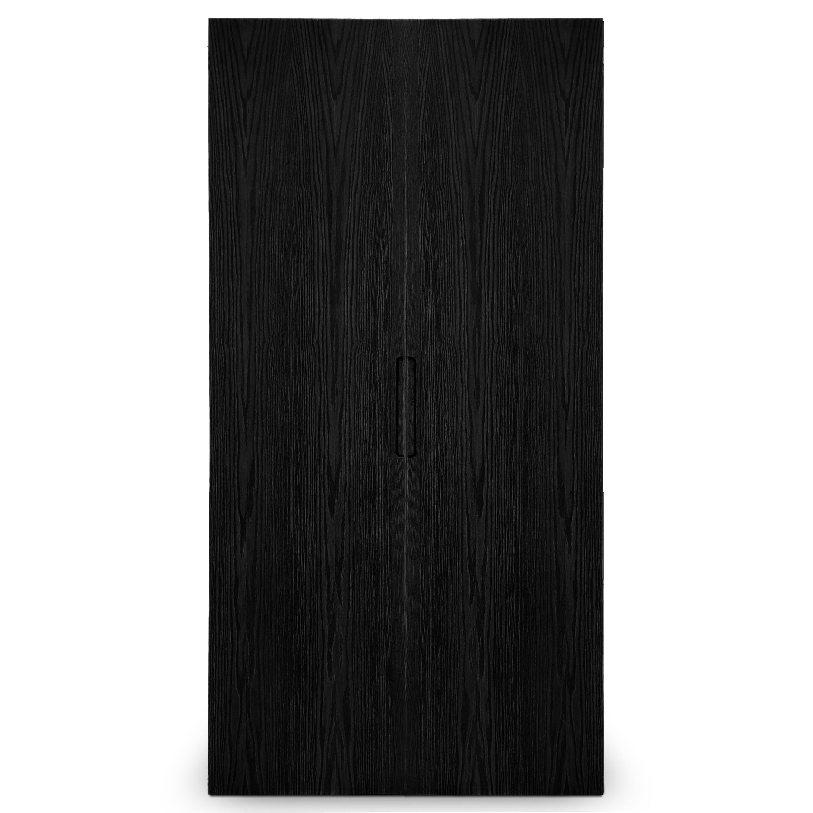 Le Cabinet double fini Onyx | Porte pleine de Humble Nature présente un design haut et fermé avec une texture de grain de bois foncé et une poignée centrale verticale subtile, fabriquée en placage de chêne rouge. Ses motifs de bois distincts évoquent lélégance naturelle des trois styles de porte de la collection Cabinet.