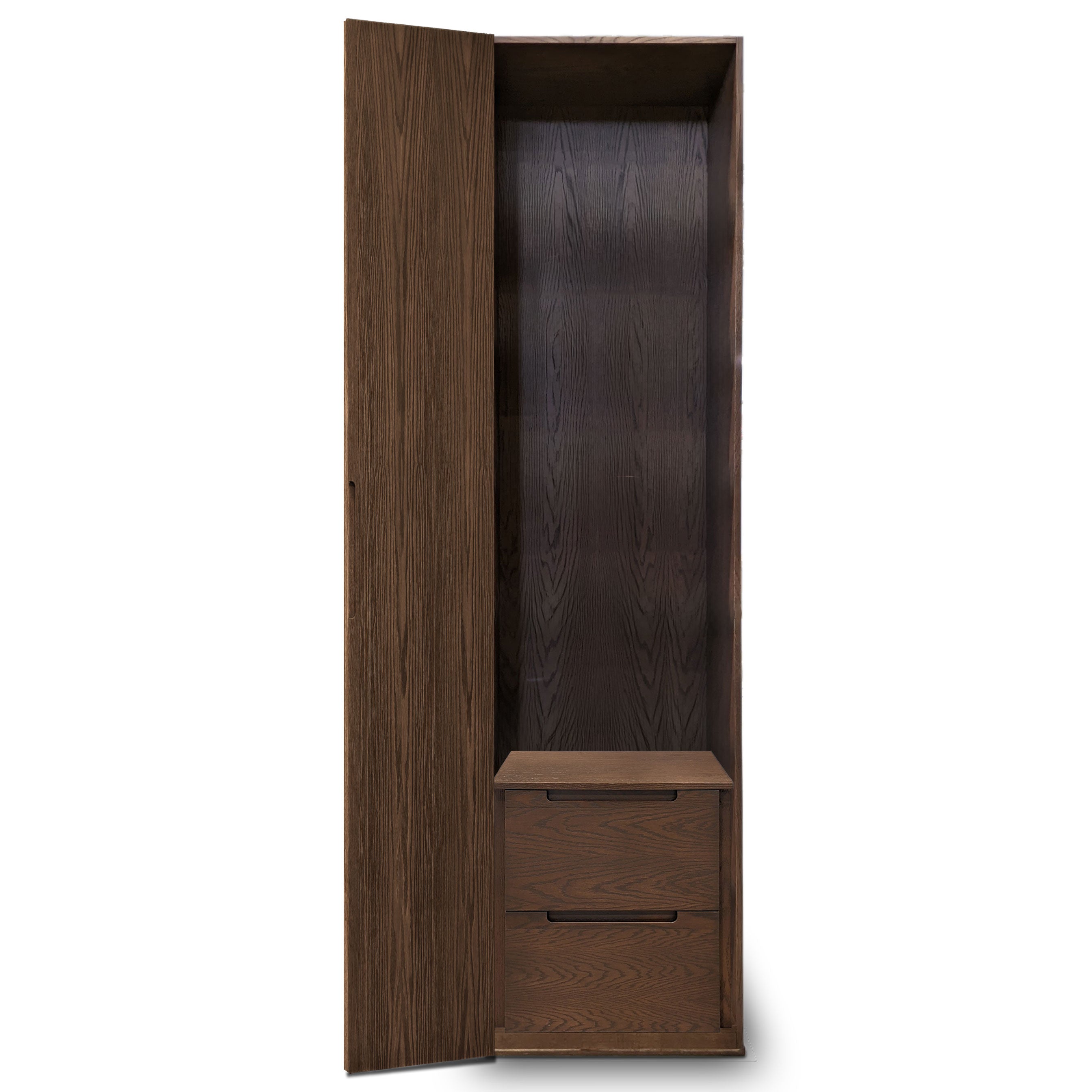 Une grande armoire ouverte en bois ressemblant à une finition de couleur pacane foncé de Humble Natures Cabinet Simple Fini Pecan | Porte Pleine, comporte une porte simple légèrement entrouverte. À lintérieur se trouvent deux tiroirs inférieurs fermés, avec un grain de bois lisse rappelant une pièce de larmoire de collection.