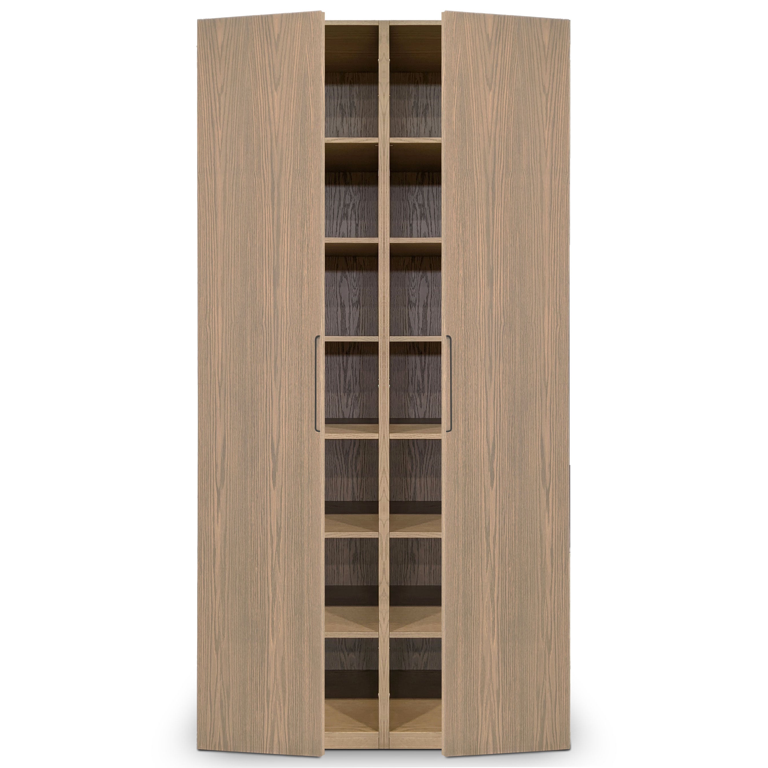 Une armoire penderie haute double en bois finition Authentik de Humble Nature, avec une finition placage de chêne rouge brun clair et des motifs de grain visibles, comporte deux portes légèrement ouvertes révélant plusieurs étagères. La pièce raffinée est dotée de poignées en métal élégantes pour une ouverture facile.