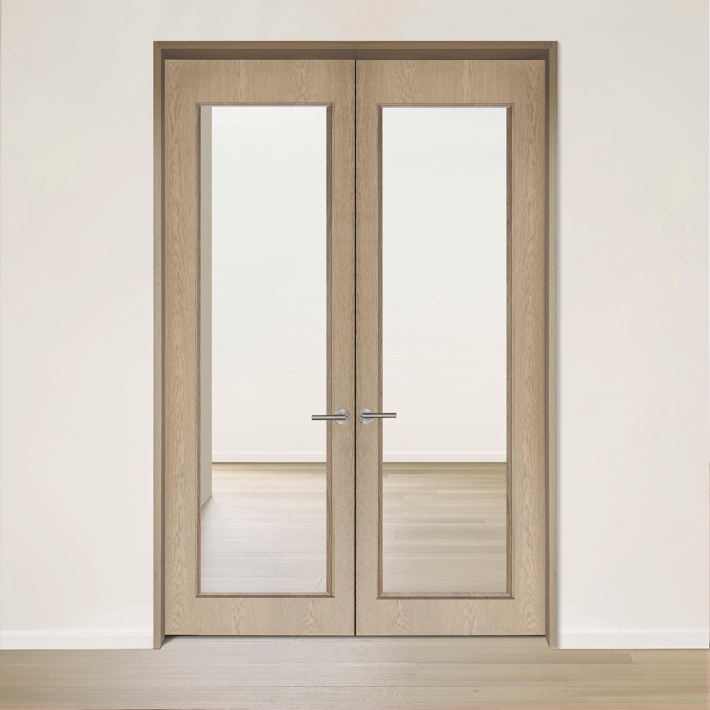 La Porte double SEE en chêne rouge placage brossé sur dosse Authentik de Bourassa Bosquet Bachand se caractérise par de grands panneaux de verre et des poignées argentées, laissant la lumière naturelle envahir une pièce lumineuse au plancher de bois clair. Certifié TSCA Title VI & CARB.