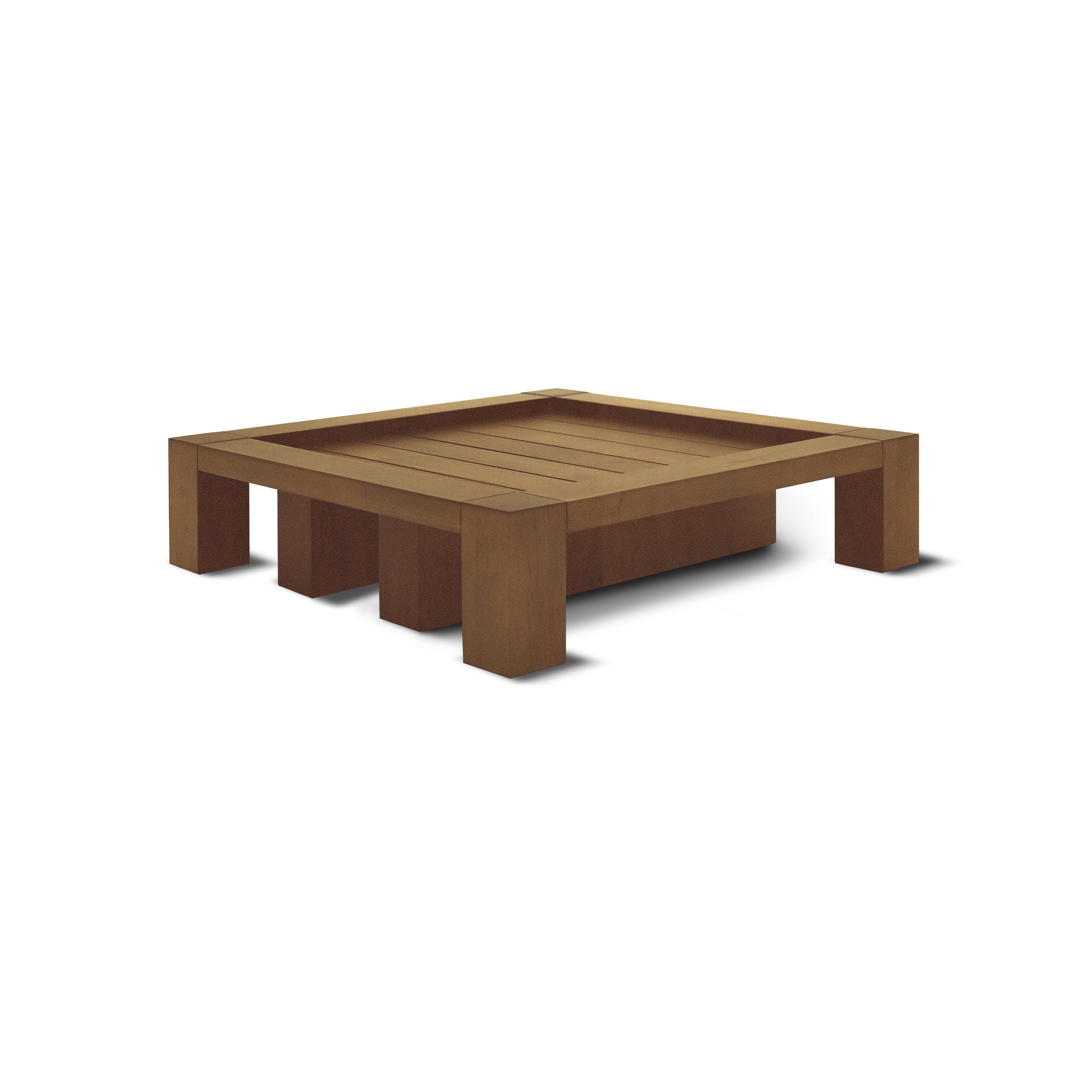 La Table à café | Les Ensembliers de Richard Ouellette et Maxime Vandal est une table basse carrée en bois au design minimaliste, dotée dun plateau plat, de pieds robustes et dune surface à lattes brun clair projetant des ombres subtiles sur son fond blanc.