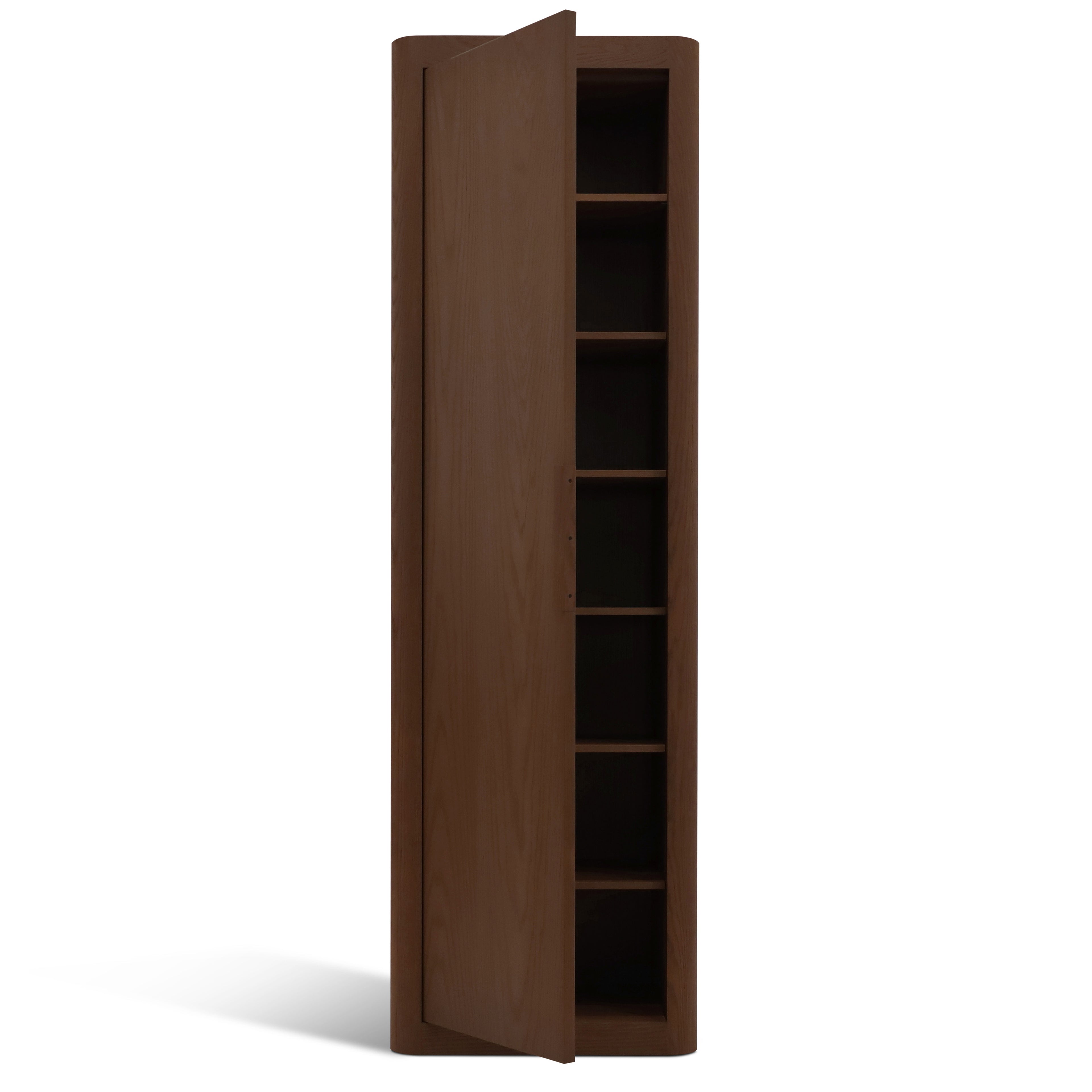Le Cabinet simple Origin | PECAN de Humble Nature est haut et étroit avec une porte ouverte révélant six étagères, son design authentique en bois de pécan se détachant sur un fond blanc pour un look classique et intemporel.