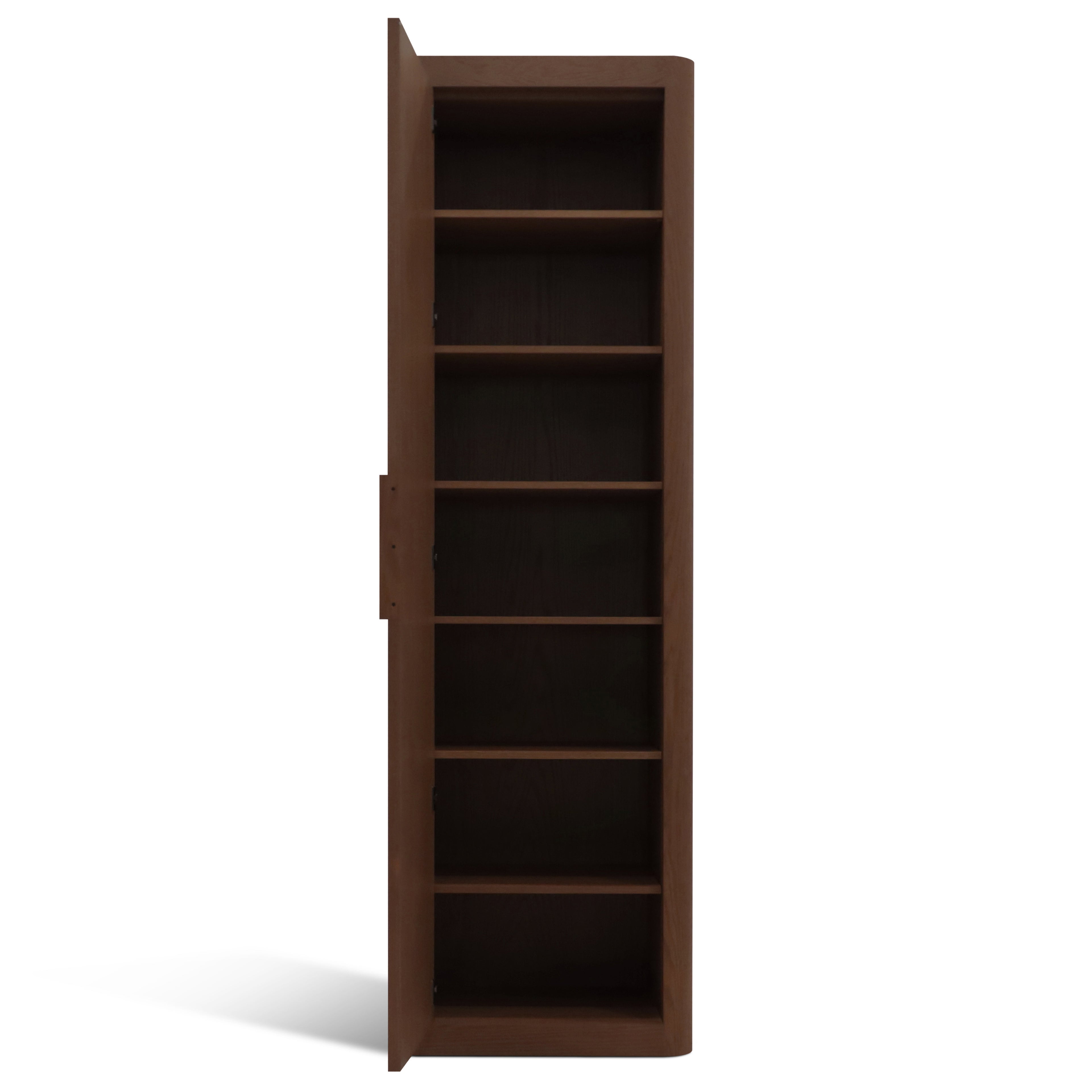 Le Cabinet simple Origin | PECAN de Humble Nature est un grand meuble en bois marron avec une seule porte partiellement ouverte pour révéler six étagères vides, mettant en valeur son design authentique.