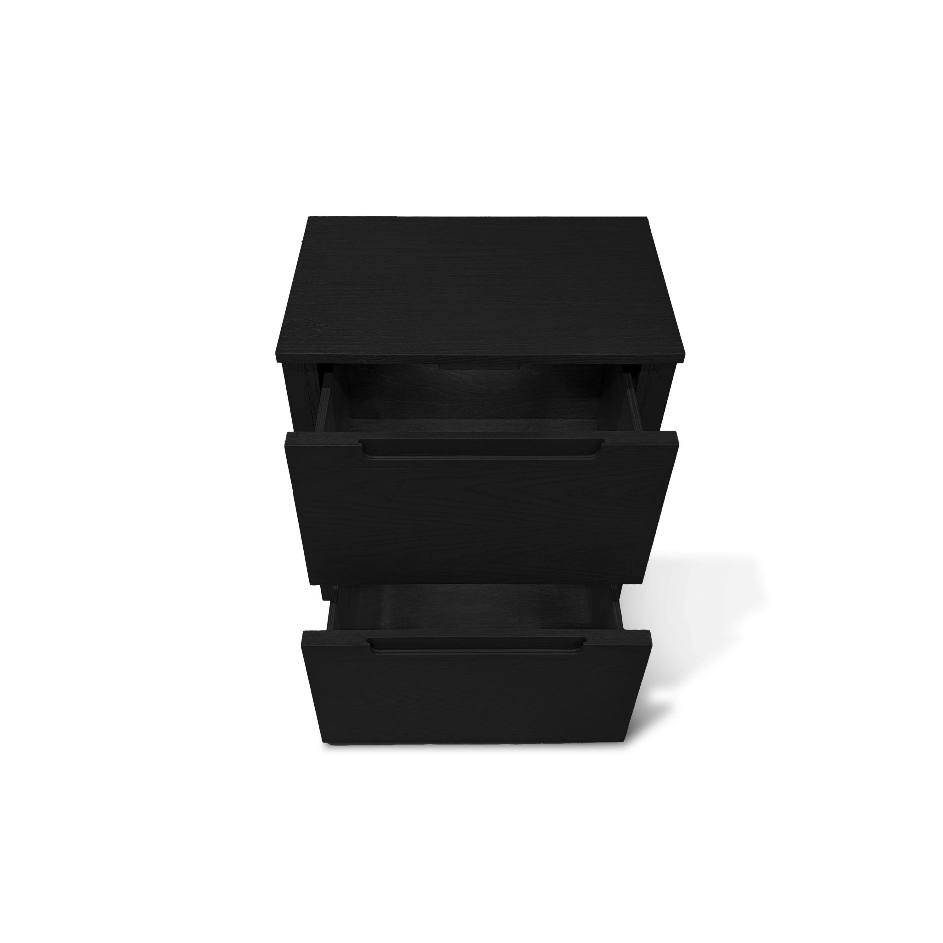 Larmoire à tiroirs Origin | ONYX de Humble Nature est une table de chevet noire élégante avec deux tiroirs partiellement ouverts, révélant son intérieur spacieux den haut.