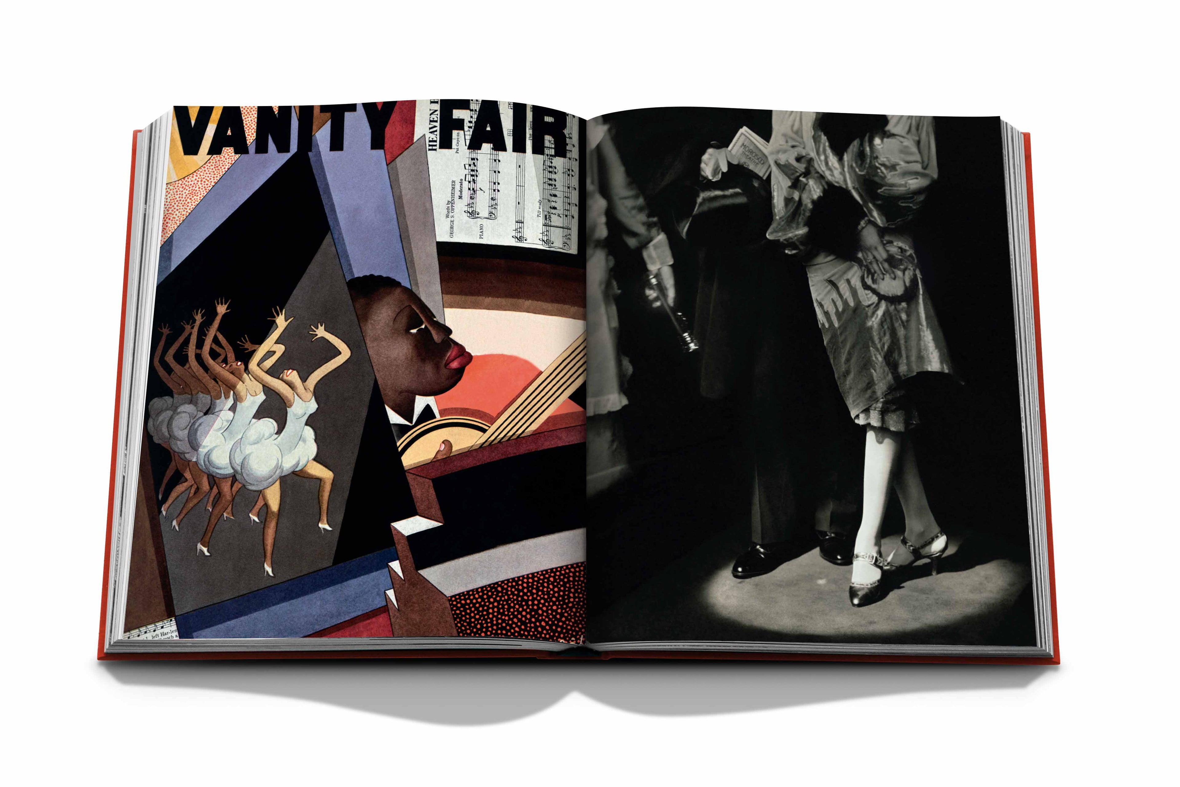 Le livre « New York by New York » dAssouline est ouvert ; la page de gauche présente une illustration abstraite colorée avec des danseurs et des éléments musicaux, tandis que la page de droite présente une photo en niveaux de gris de personnes dansant de près, mettant en valeur leurs jambes et leurs pieds, reflétant la culture dynamique de New York.