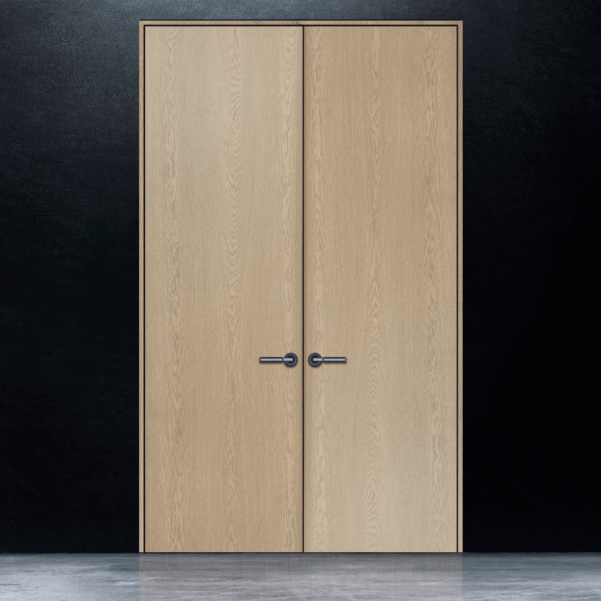 Une paire de portes doubles Pure de Bourassa Bosquet Bachand, fabriquées en placage de chêne rouge brossé Authentik, avec de simples poignées noires, se détache d&