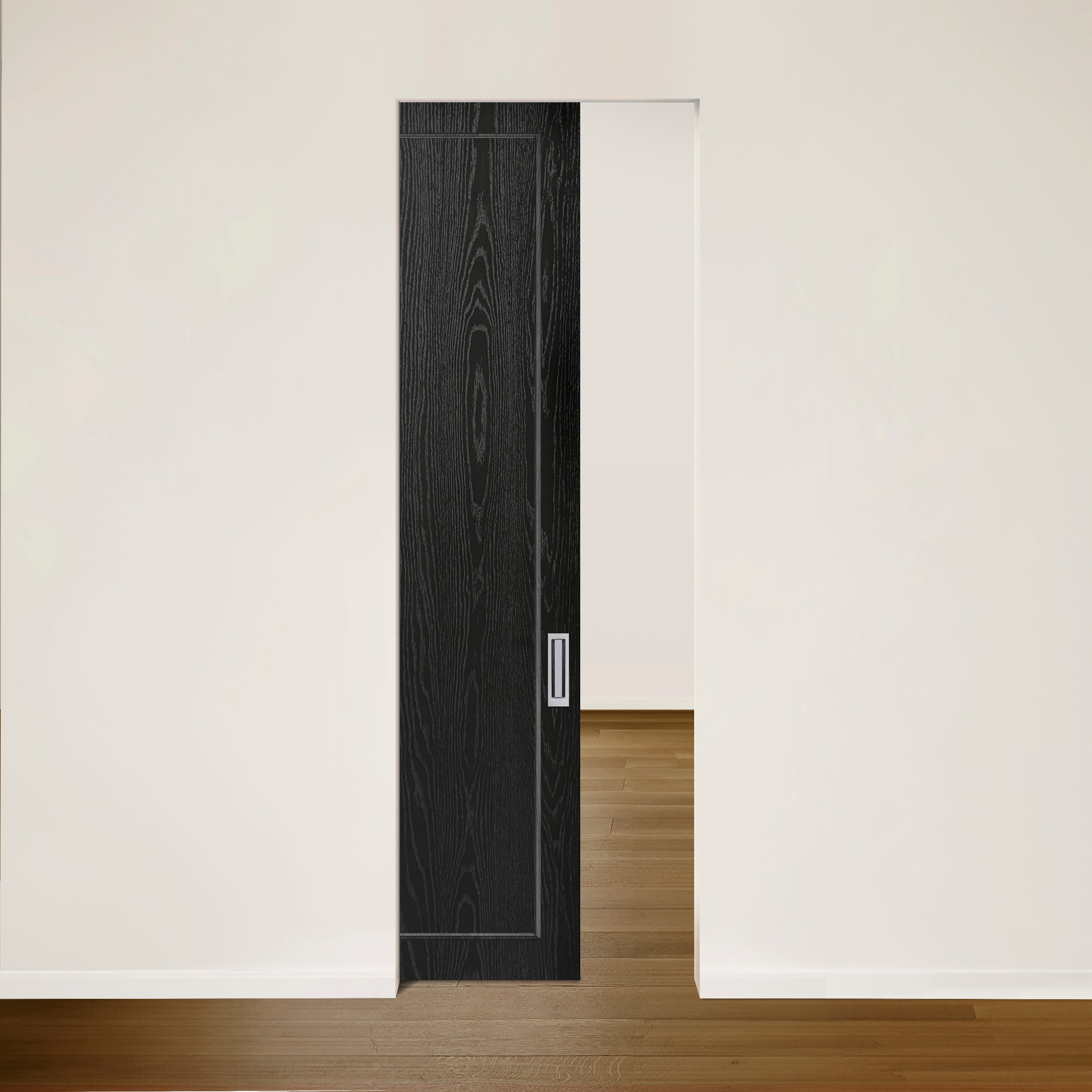 La Porte CONTOUR escamotable en chêne rouge plaqué brossé sur dosse Onyx de Bourassa Bosquet Bachand est partiellement ouverte, laissant apparaître une pièce aux murs clairs et au parquet. Elle est dotée d&