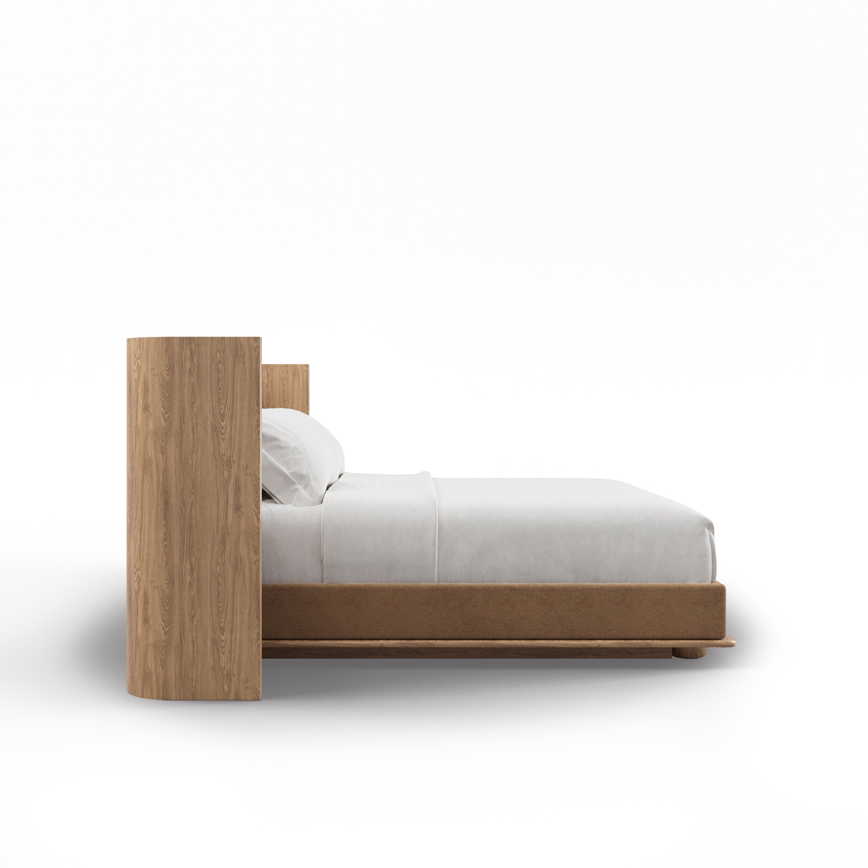 Le Lit Essence | Authentik de Humble Nature Design présente une tête de lit et une base en bois massif modernes, présentées de côté avec une literie et des oreillers blancs sur un fond blanc uni.