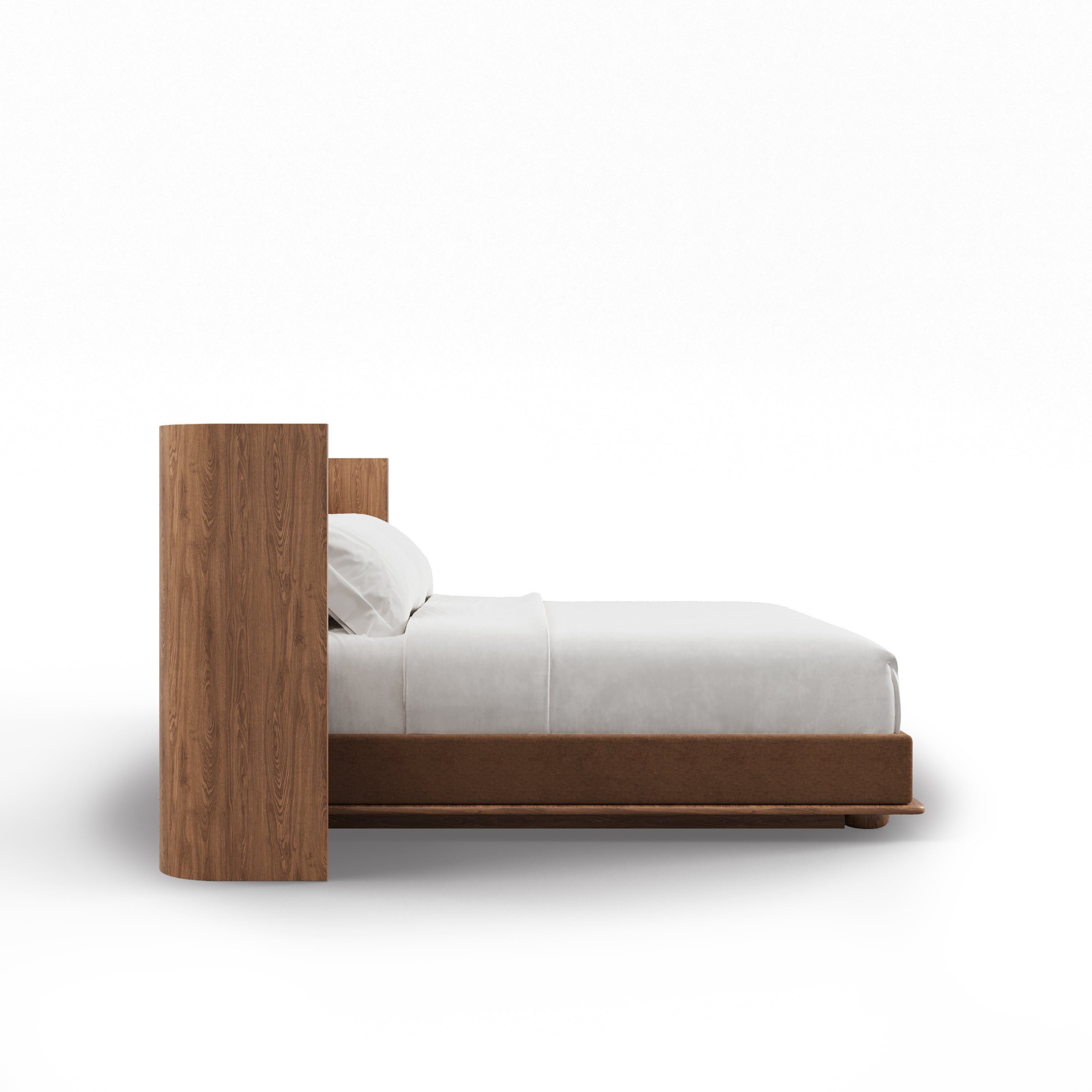 Le Lit Essence | Saddle de Humble Nature Design présente une tête de lit et une base en bois modernes en chêne rouge massif, élégamment composées de literie et d&