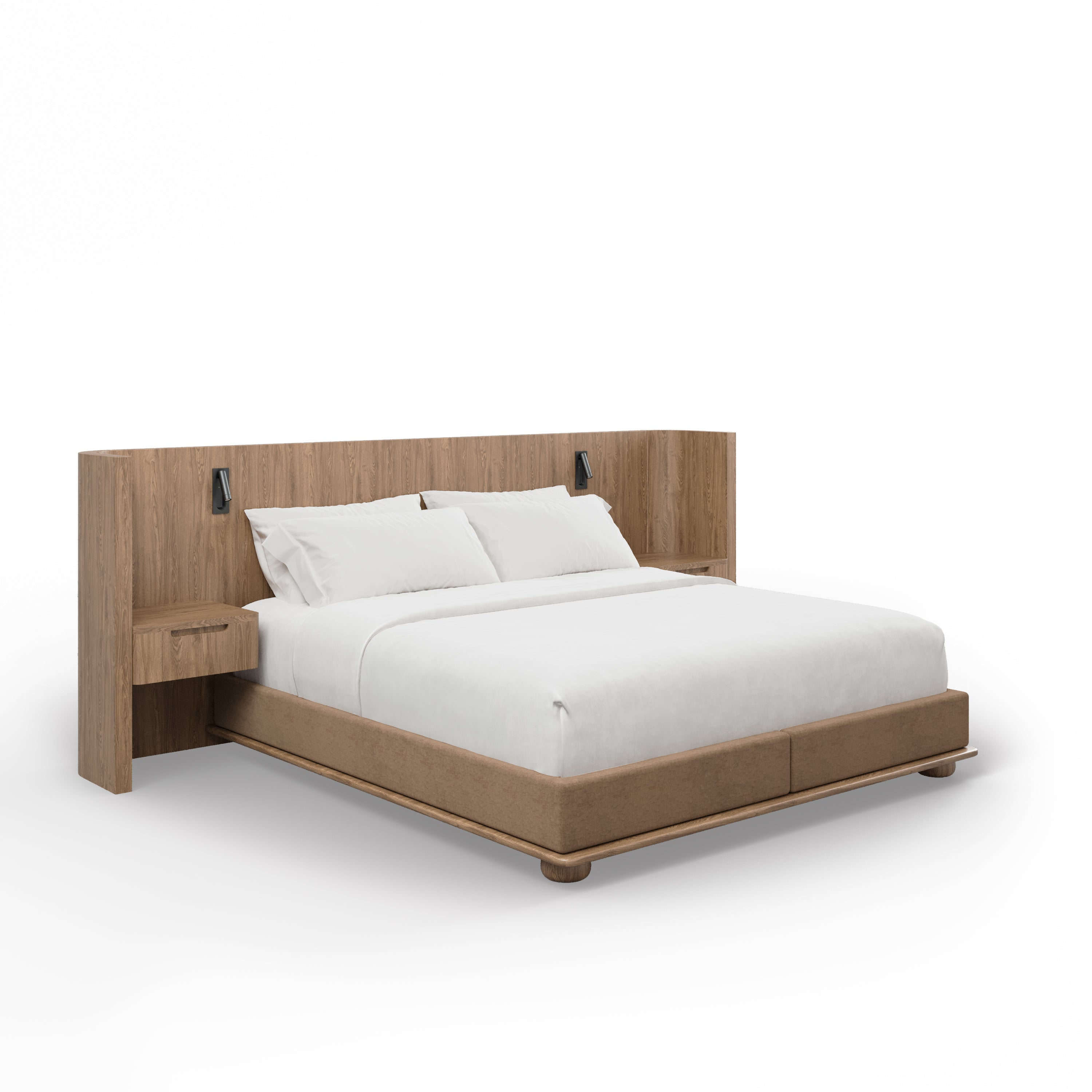 Le Lit Essence avec tables de nuit de Humble Nature Design est un lit moderne en chêne avec une tête de lit haute, des tables de chevet intégrées et des appliques murales ; son look élégant et sa literie blanche impeccable créent une esthétique luxueuse et minimaliste.