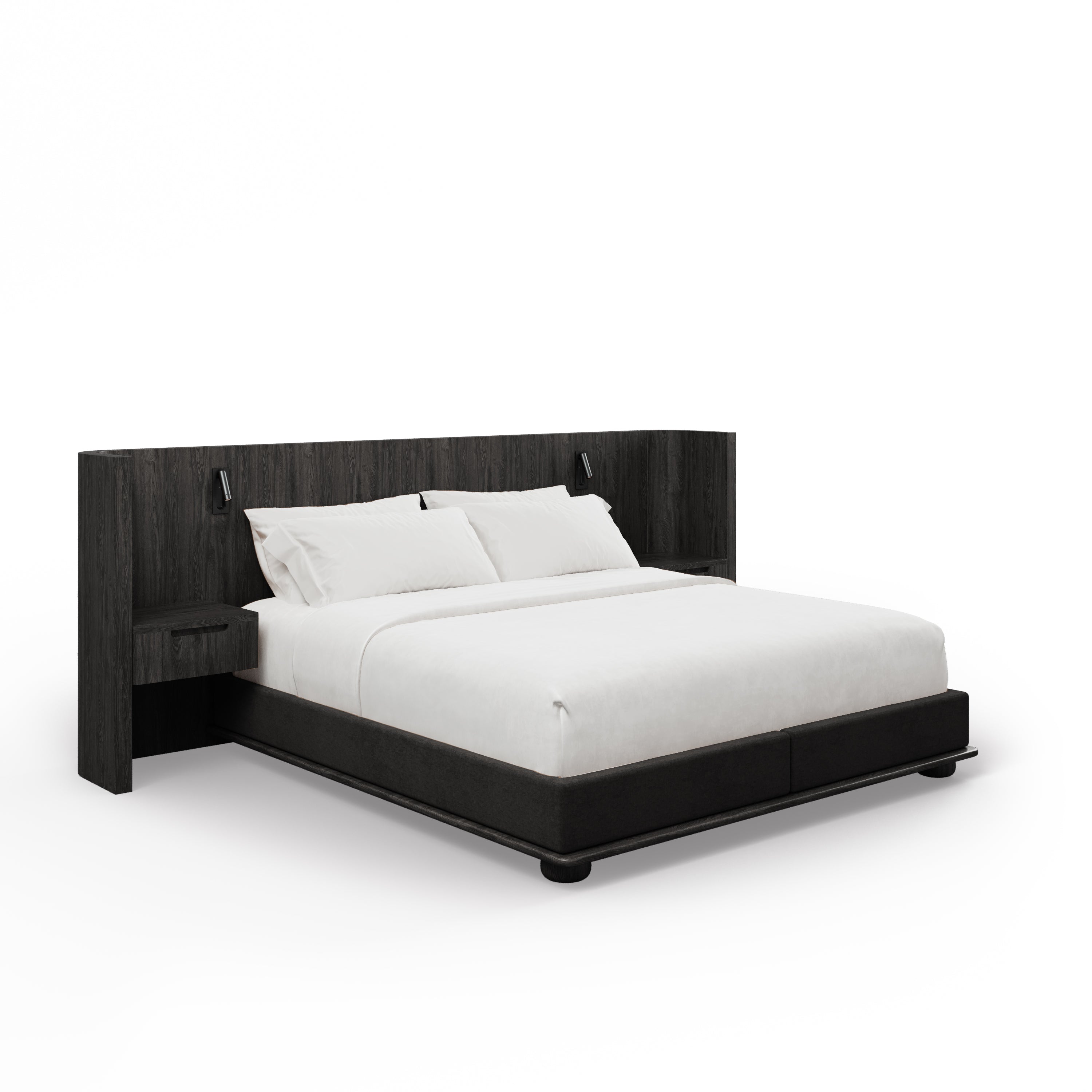 Le Lit Essence avec tables de nuit | Onyx de Humble Nature Design est un lit moderne en bois massif de chêne rouge, avec tables de nuit intégrées et lampes de lecture murales, stylisé avec une literie blanche pour une esthétique épurée sur un fond uni.