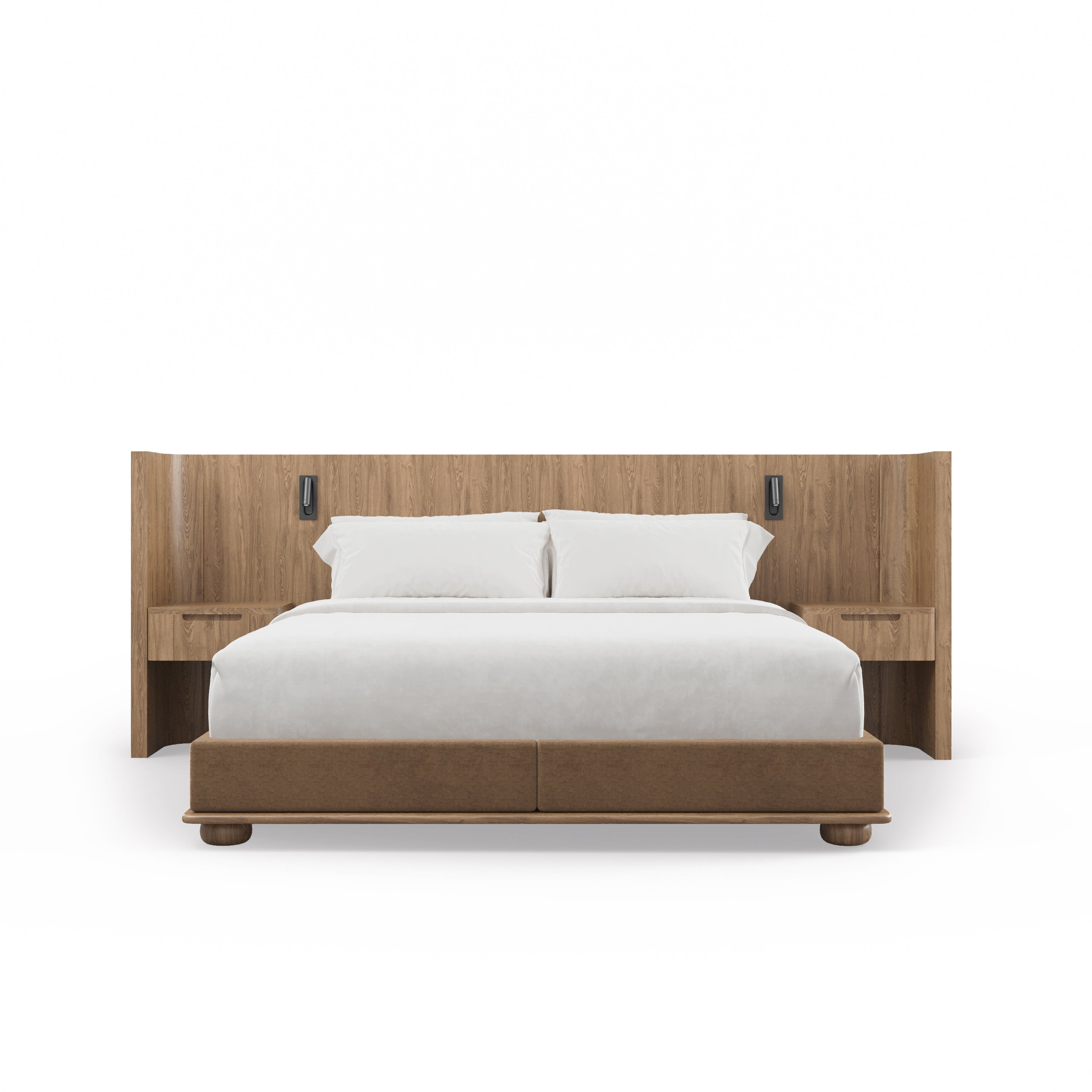 Le Lit Essence avec tables de nuit | AUTHENTIK de Humble Nature Design comprend du chêne rouge massif, une tête de lit haute, une literie blanche et deux tables de chevet assorties avec des lampes de lecture montées pour un look contemporain luxueux et minimaliste.