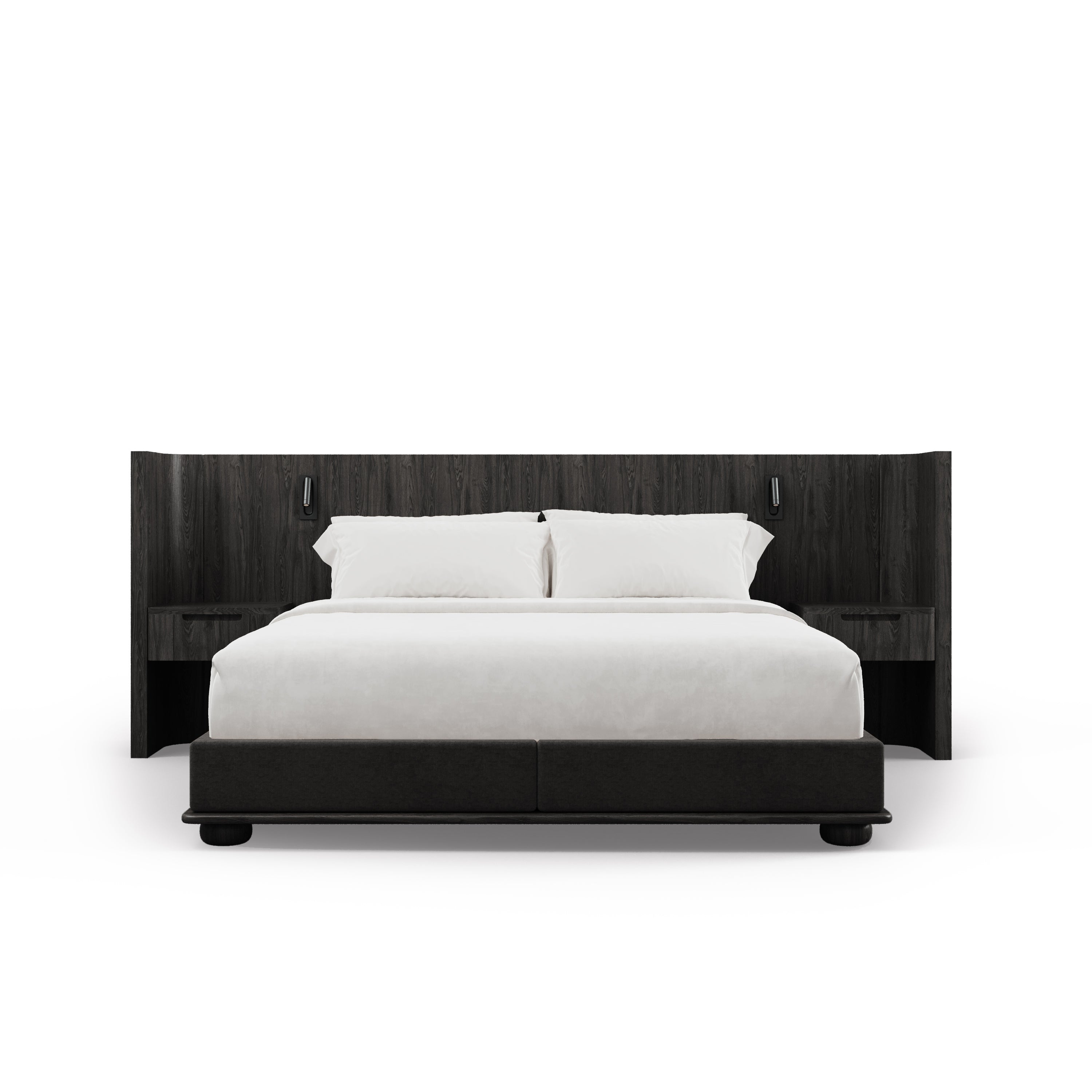 Le Lit Essence avec tables de nuit | Onyx de Humble Nature Design présente une tête de lit en chêne rouge foncé avec des tables d&