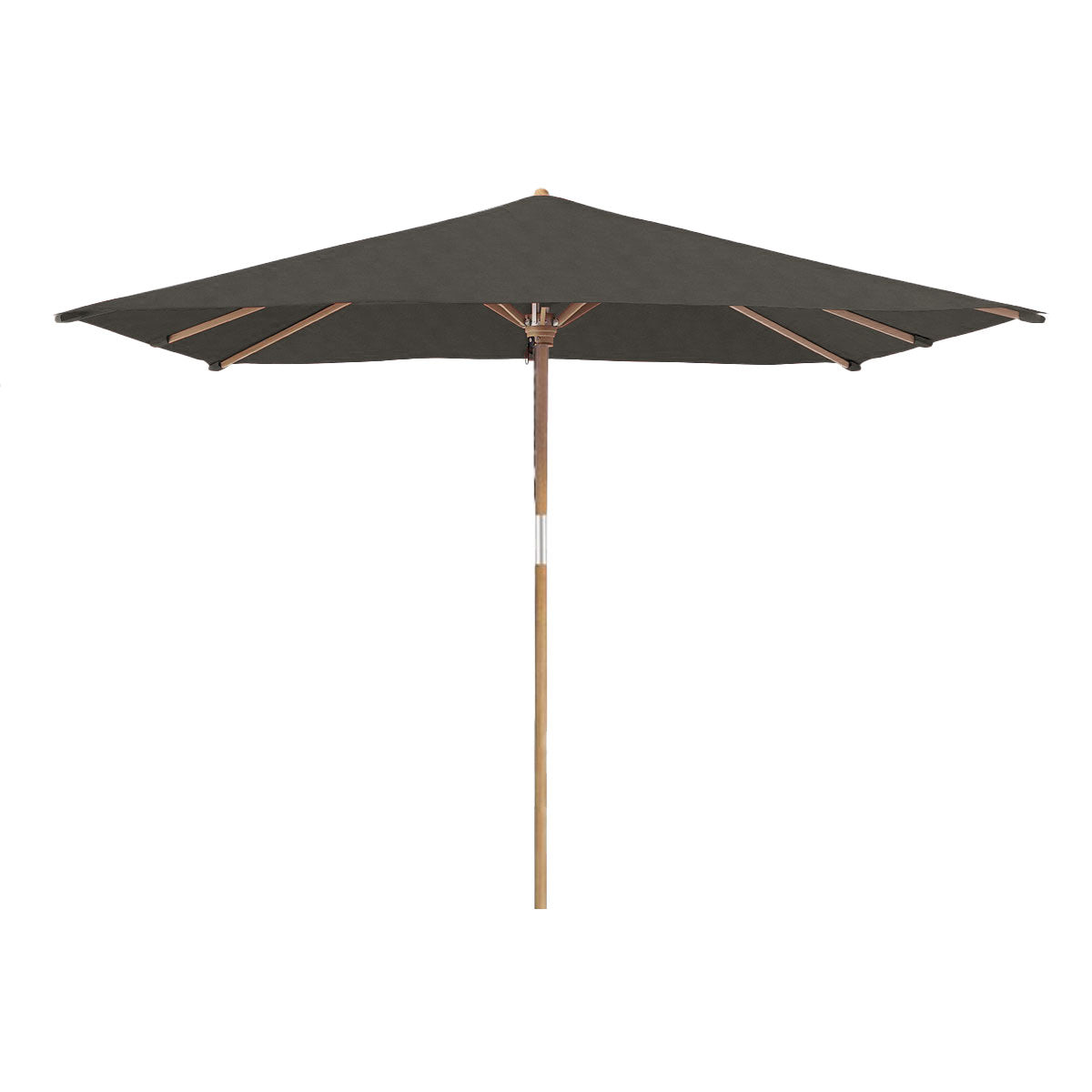 Le « Parasol rectangle en bois de teck | Slate » de Humble Nature est un grand parasol dextérieur noir avec un mât et des rayons en bois. Photographié sur un fond blanc, il présente une large toile et un design contemporain, mettant en valeur sa structure raffinée et son attrait sophistiqué.