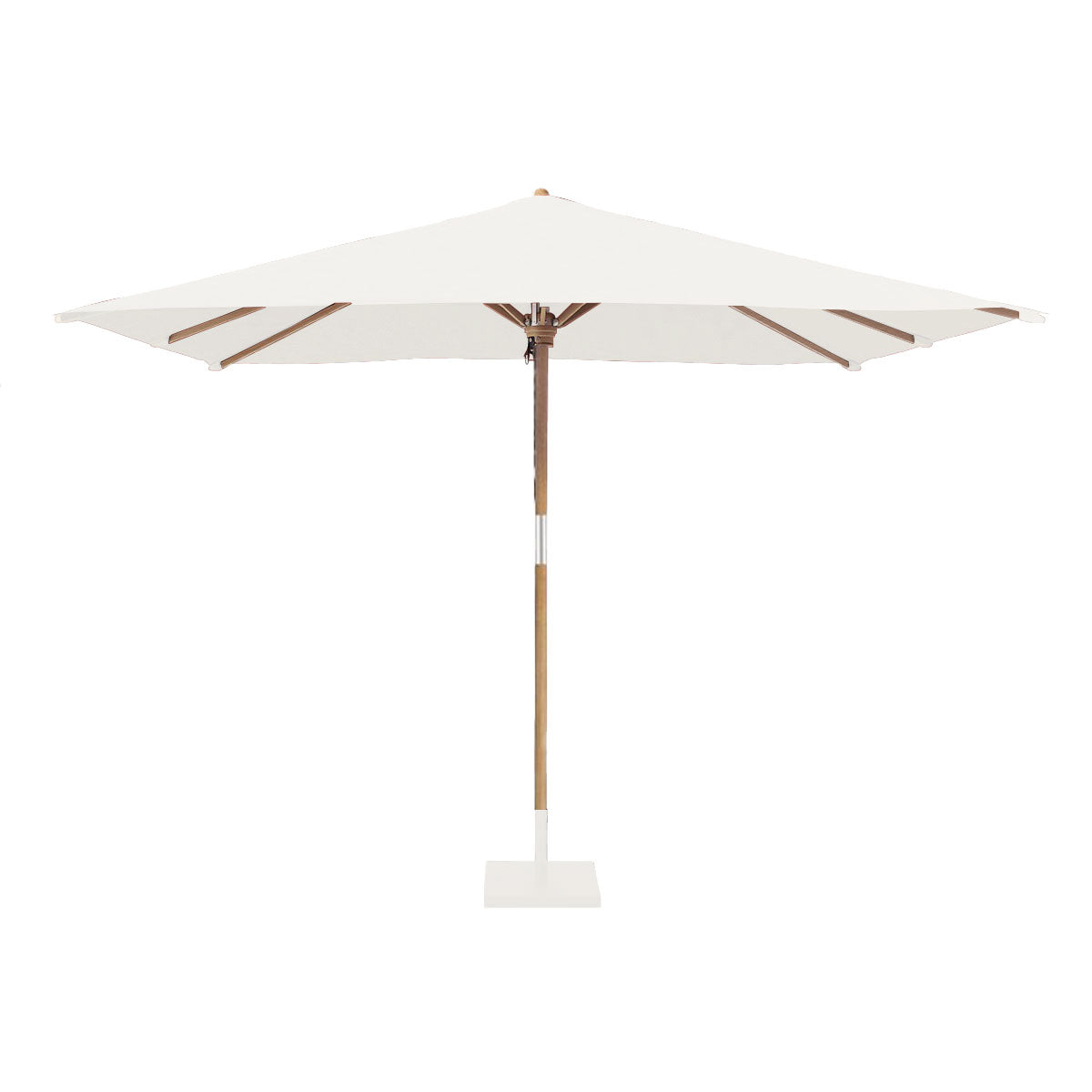 Un parasol de terrasse spacieux et blanc de Humble Nature est doté dun mât en bois avec une base carrée. La toile ouverte offre une ombre abondante, tandis que son design moderne est rehaussé dune finition en aluminium anodisé durable.