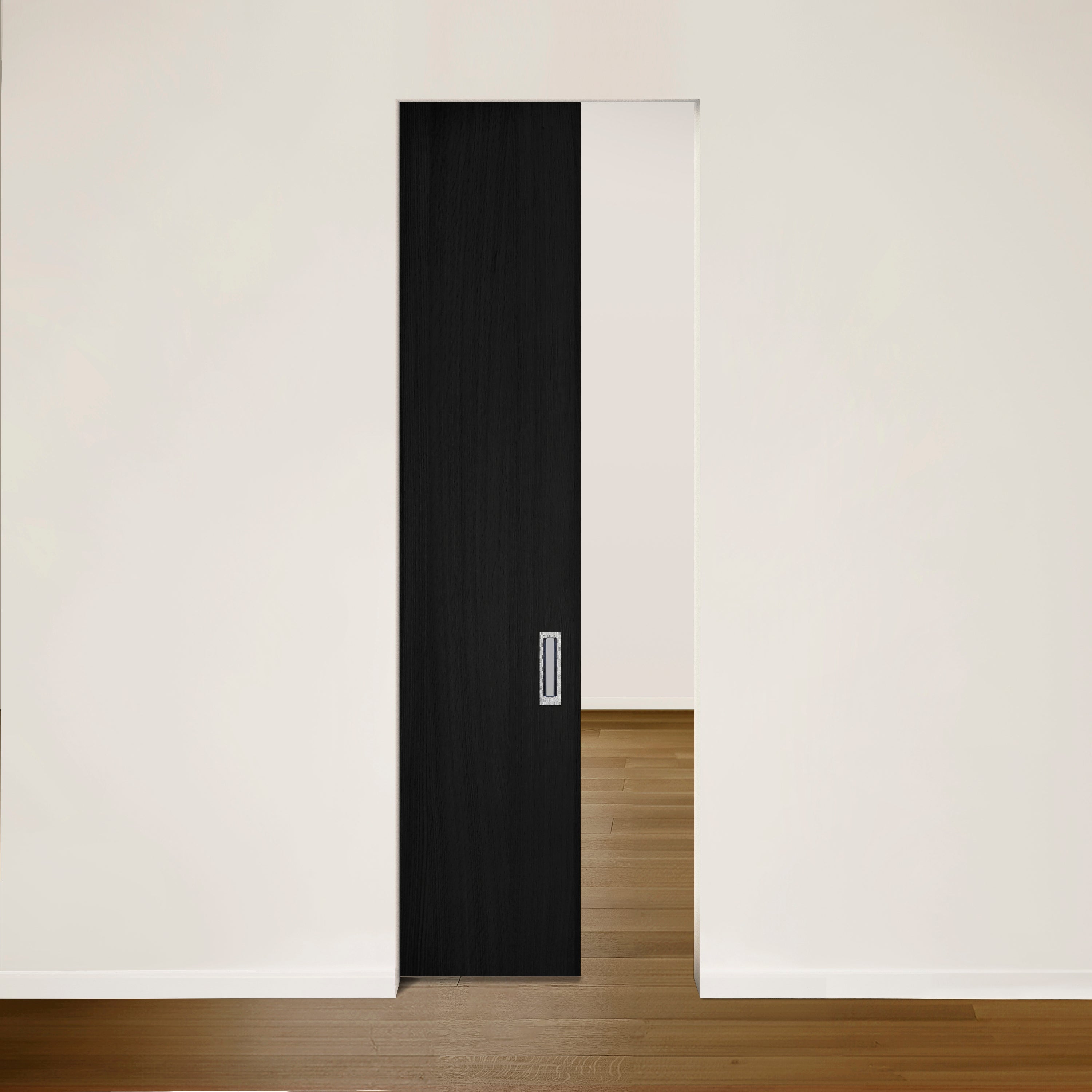 La Porte Pure escamotable en chêne rouge placage brossé faux quartier Onyx de Bourassa Bosquet Bachand, une porte noire coulissante moderne, est partiellement ouverte dans un mur blanc, révélant une pièce avec un plancher en bois nord-américain.
