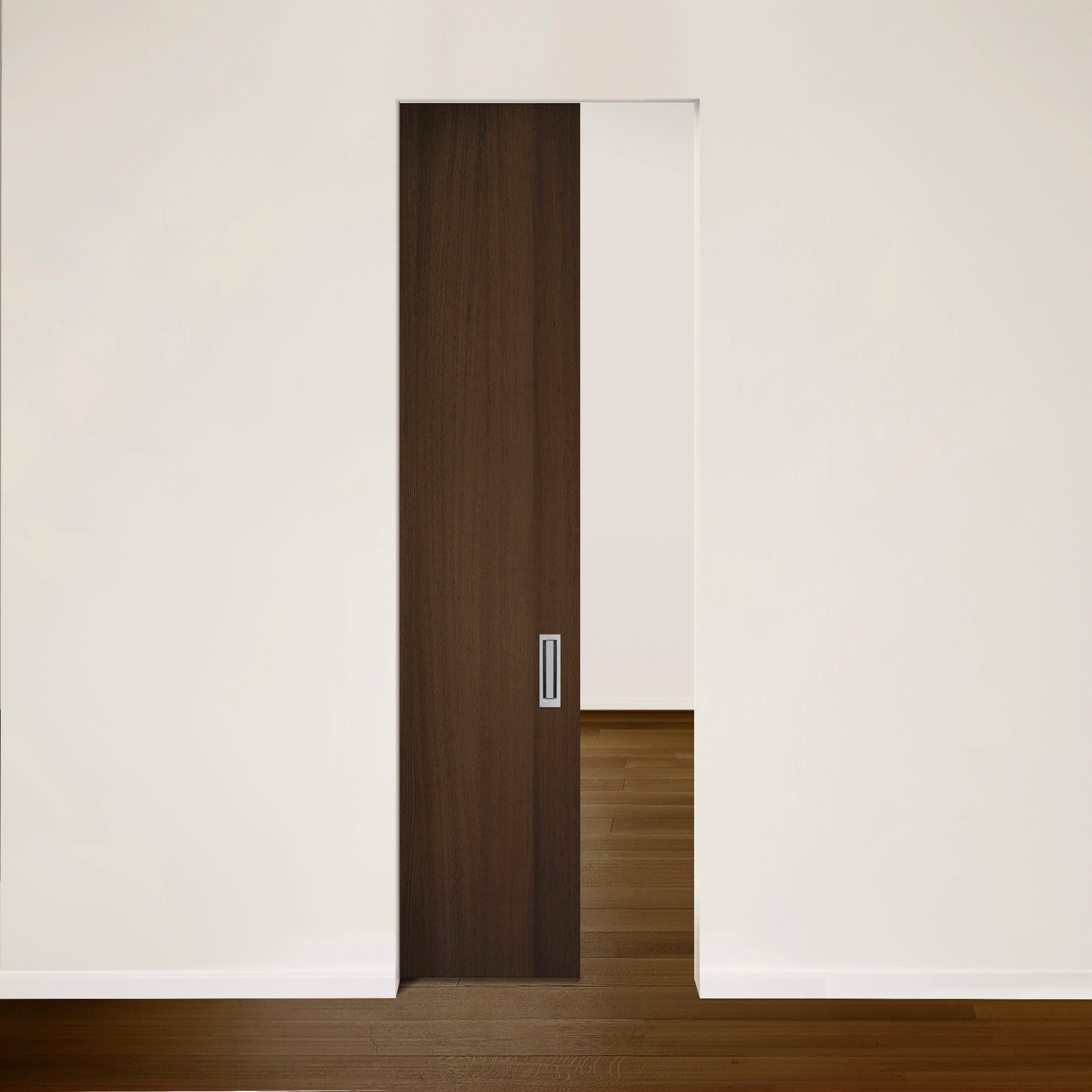 Une porte coulissante sombre-Porte Pure escamotable en chêne rouge placage brossé faux quartier Pecan par Bourassa Bosquet Bachand- s&