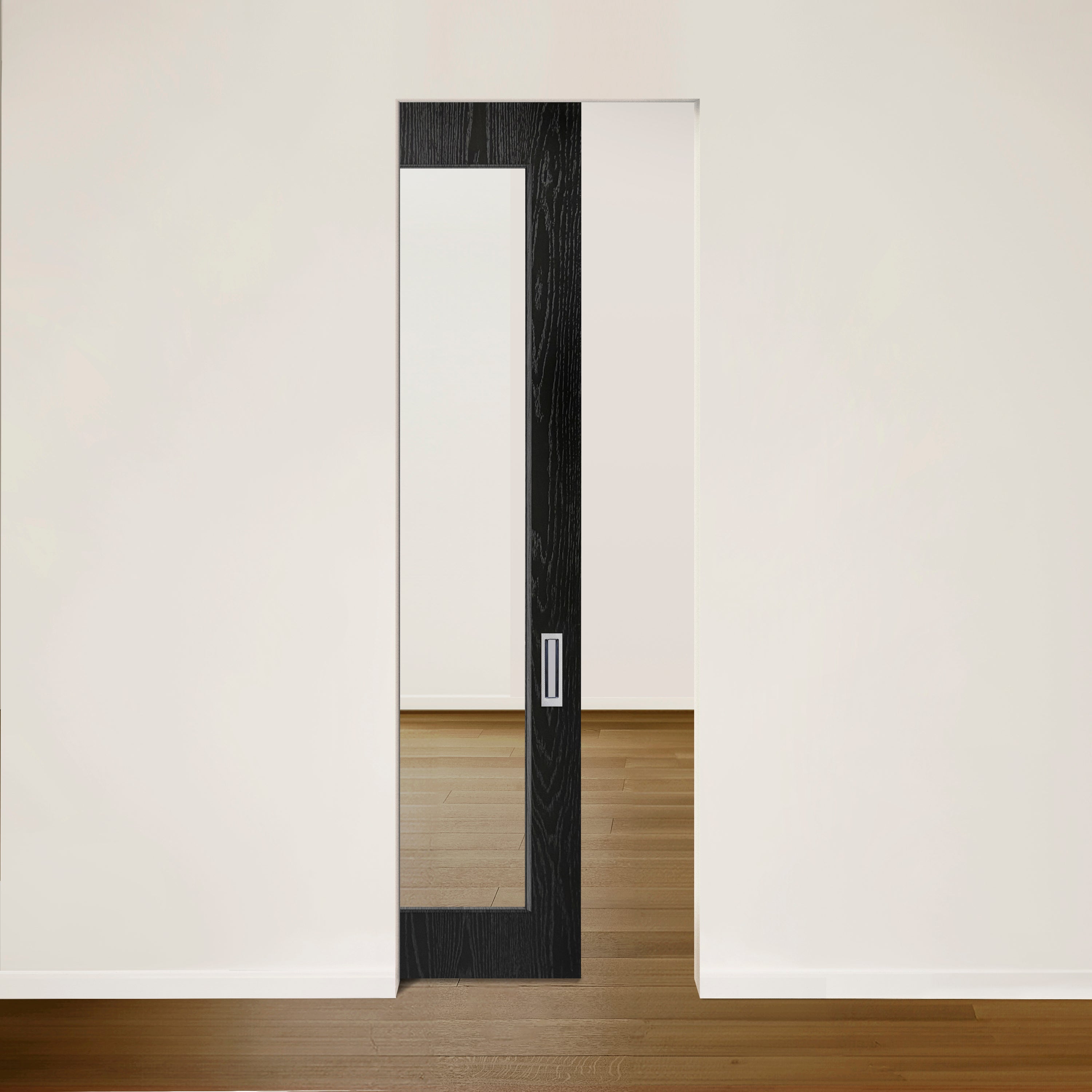 Une pièce moderne aux murs clairs et aux planchers en bois présente un Bourassa Bosquet Bachand Porte See escamotable en chêne rouge placage brossé sur dosse Onyx partiellement ouvert, sa poignée argentée reflétant la lumière naturelle et révélant un espace attenant accueillant.