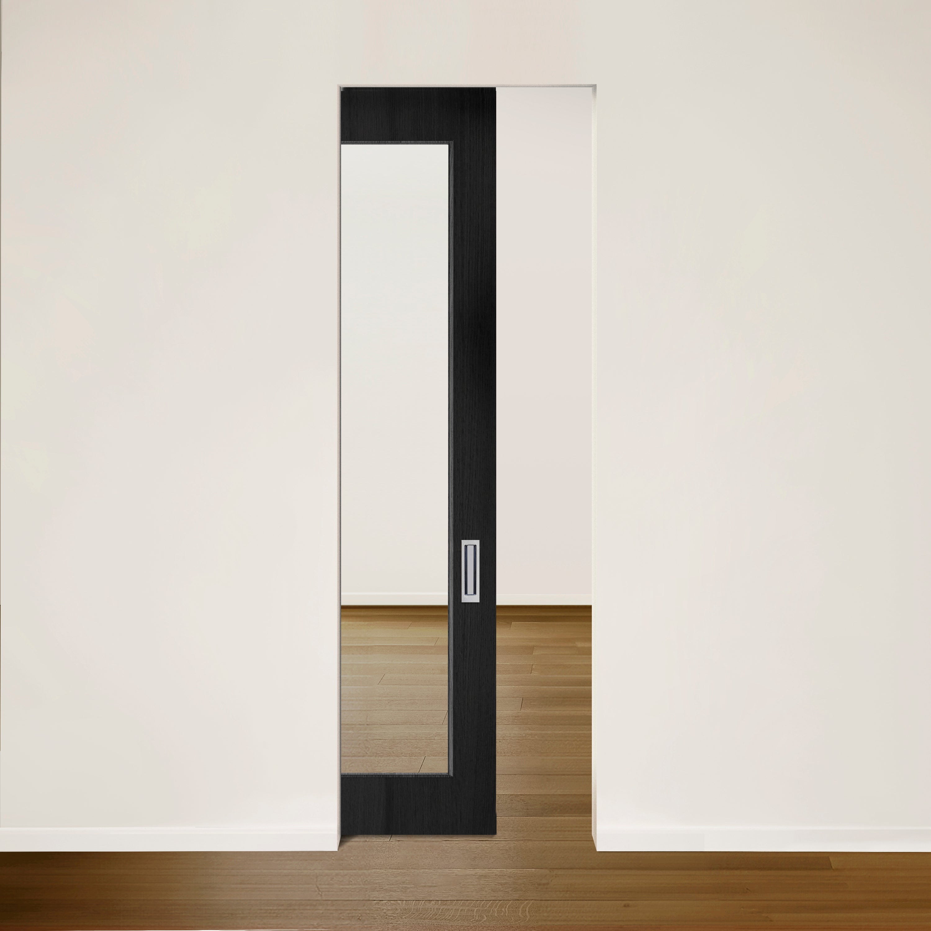 La Porte See escamotable en chêne rouge placage brossé faux quartier Onyx by Bourassa Bosquet Bachand est partiellement ouverte, laissant la lumière naturelle éclairer les planchers en bois et les murs blancs pour une sensation d&