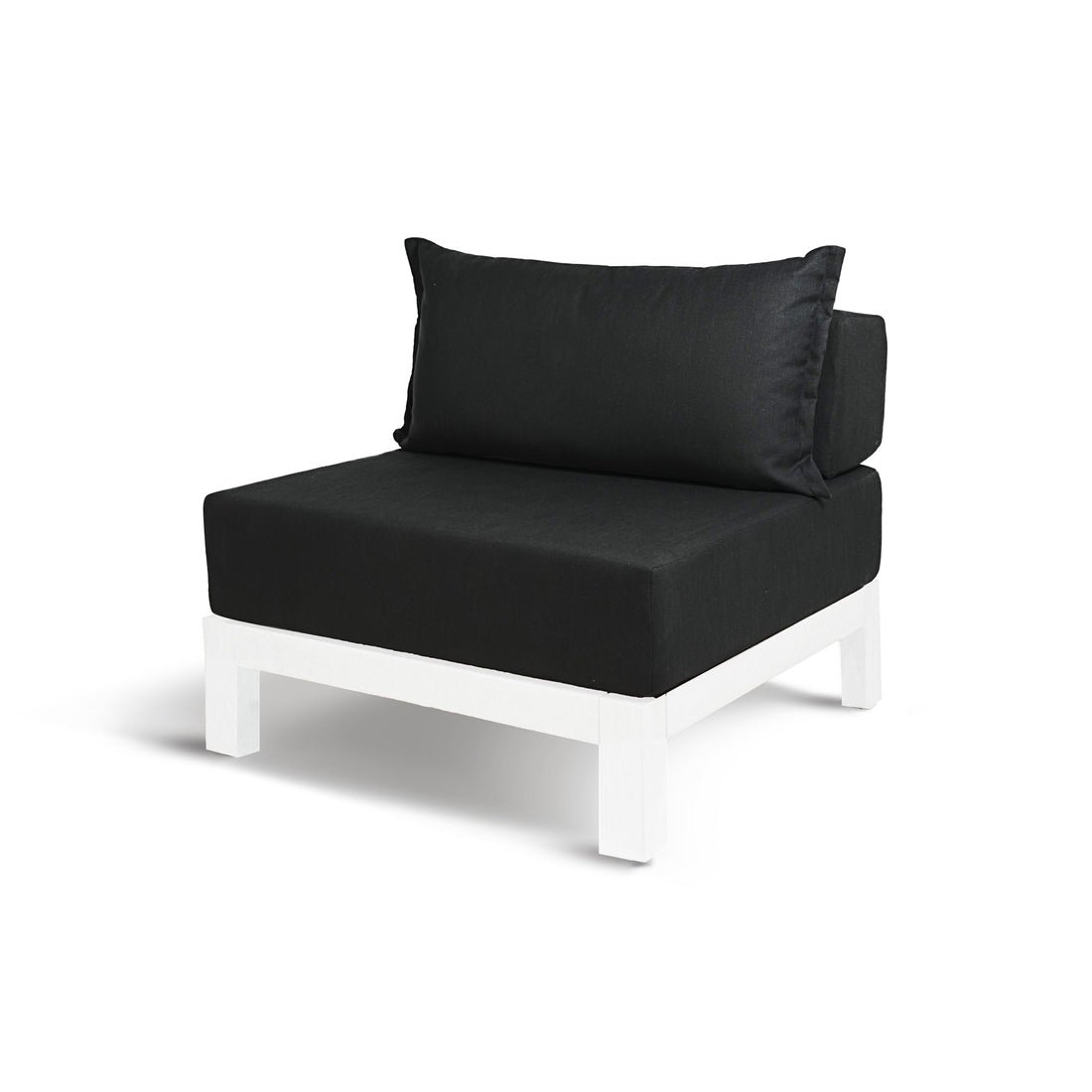 Le canapé simple extérieur en aluminium blanc Vivere │ NOIR de Humble Nature présente un design minimaliste avec un cadre blanc et un revêtement noir. Ses lignes épurées, son dossier rembourré et ses textiles haut de gamme améliorent le confort et le luxe.