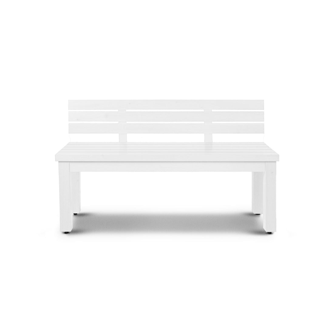 Le Banc long extérieur avec dossier en aluminium Vivere │ BLANC de Humble Nature présente un design minimaliste et une teinte blanche, présentée élégamment sur un fond blanc.