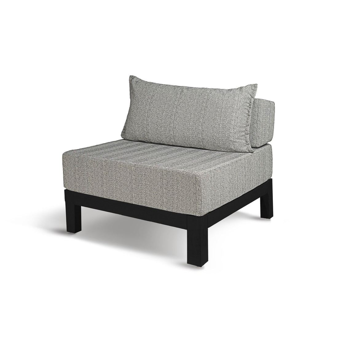 Le canapé simple extérieur en aluminium noir Humble Nature Vivere │ GRAPHITE est un fauteuil sans accoudoirs gris aux pieds noirs, doté de tissus toutes saisons pour un confort toute lannée et dun coussin de dossier assorti, sur fond blanc immaculé.