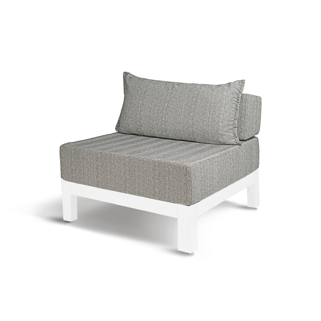 Le canapé simple extérieur en aluminium blanc Vivere │ GRAPHITE de Humble Nature est une pièce élégante et moderne avec un coussin dassise et de dossier gris texturé. Il est doté dune structure carrée en aluminium, dun profil bas et dun style sans accoudoirs, parfait pour les intérieurs contemporains.