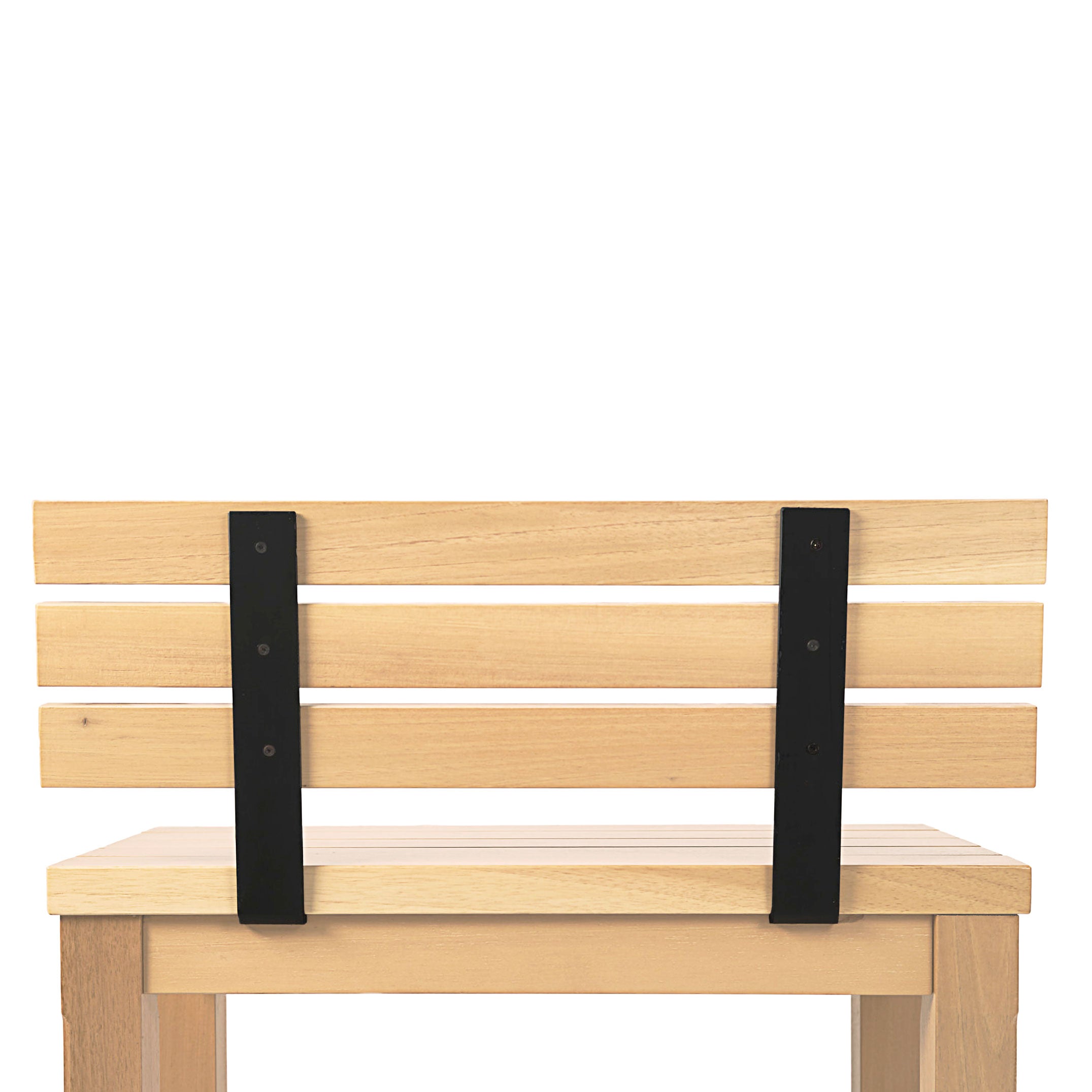 Le Banc extérieur avec dossier Vivere de Humble Nature, doté dun dossier en bois à lattes et de supports en métal noir, est élégamment présenté sur un fond blanc uni.