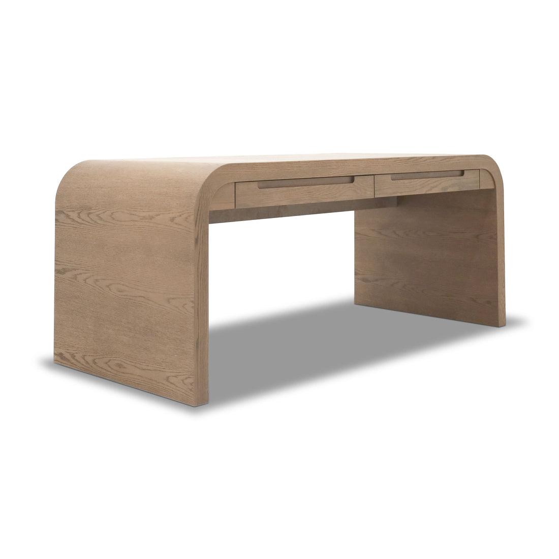 La Table de travail Essence │ AUTHENTIK de Humble Nature est un bureau moderne en chêne rouge massif avec une finition claire, des bords arrondis et deux tiroirs en façade, photographié sur un fond blanc.