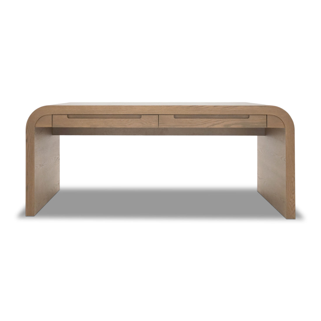 La Table de travail Essence │ AUTHENTIK de Humble Nature est un bureau moderne en chêne rouge massif avec des coins arrondis, deux tiroirs en façade et une finition naturelle claire, présentée de face sur un fond blanc.