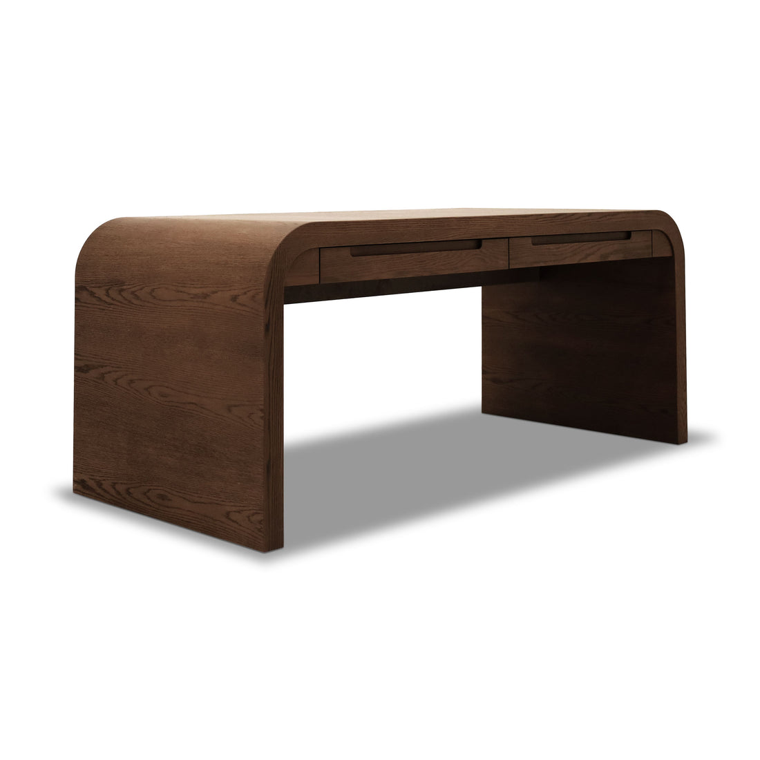 La table de travail Essence │ PECAN de Humble Nature présente des bords lisses et arrondis et deux tiroirs sous le plateau en bois de pécan massif, présenté sur un fond blanc.