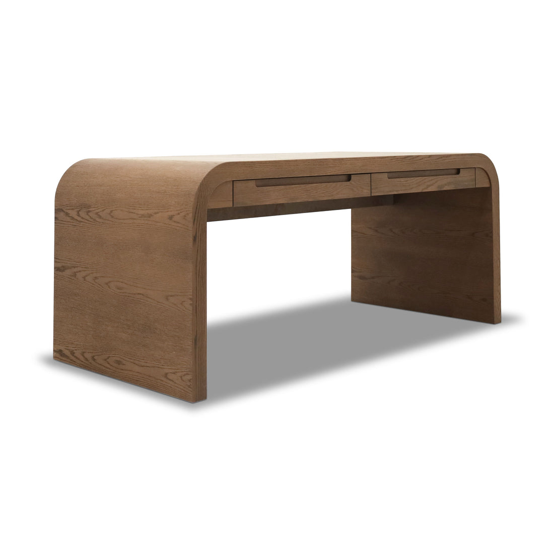 La Table de travail Essence │ SADDLE de Humble Nature est une table moderne en chêne rouge massif avec des bords arrondis, deux tiroirs en façade, une finition lisse et un chargeur sans fil intégré, présentée sur un fond blanc.