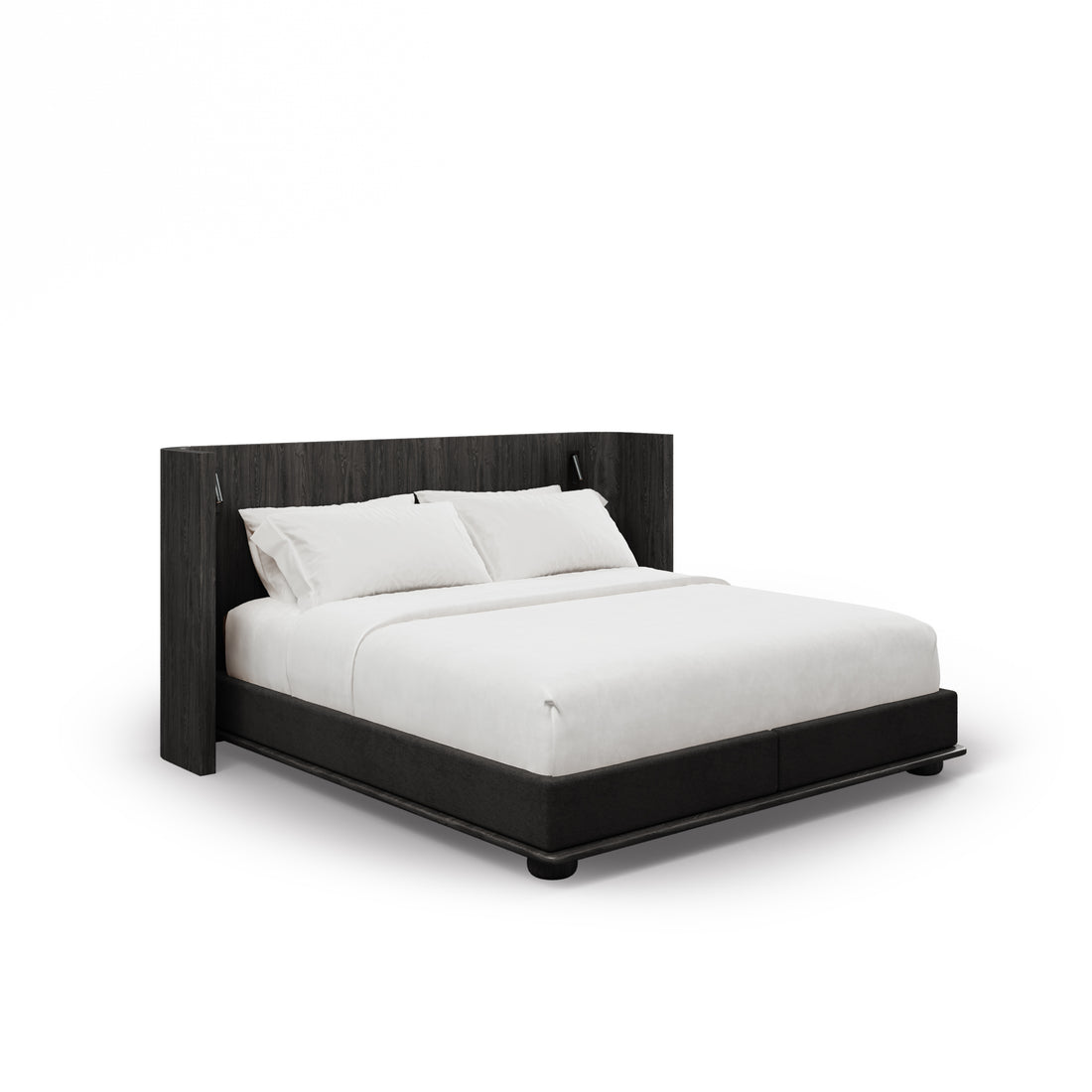 Le lit Humble Nature Lit Essence | Onyx présente une tête de lit en chêne rouge foncé, une literie blanche impeccable et deux oreillers, le tout sur un fond blanc uni pour un look minimaliste.