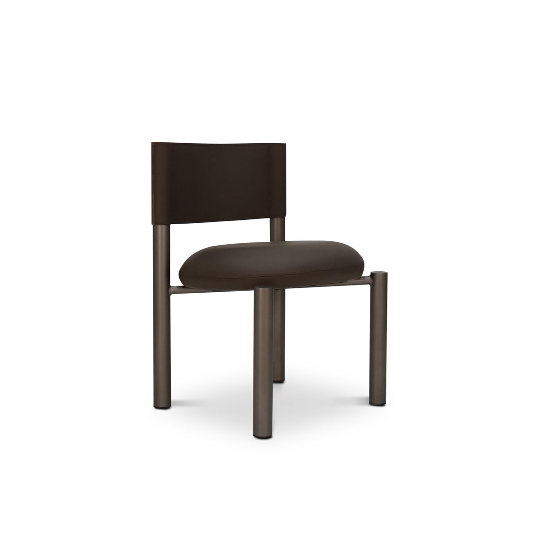 La chaise de salle à manger en cuir Barrel de Humble Nature présente un design minimaliste avec une structure cylindrique en métal, un dossier rectangulaire et une assise ronde rembourrée. Son look noir élégant offre des lignes simples et épurées pour une expérience culinaire exquise.