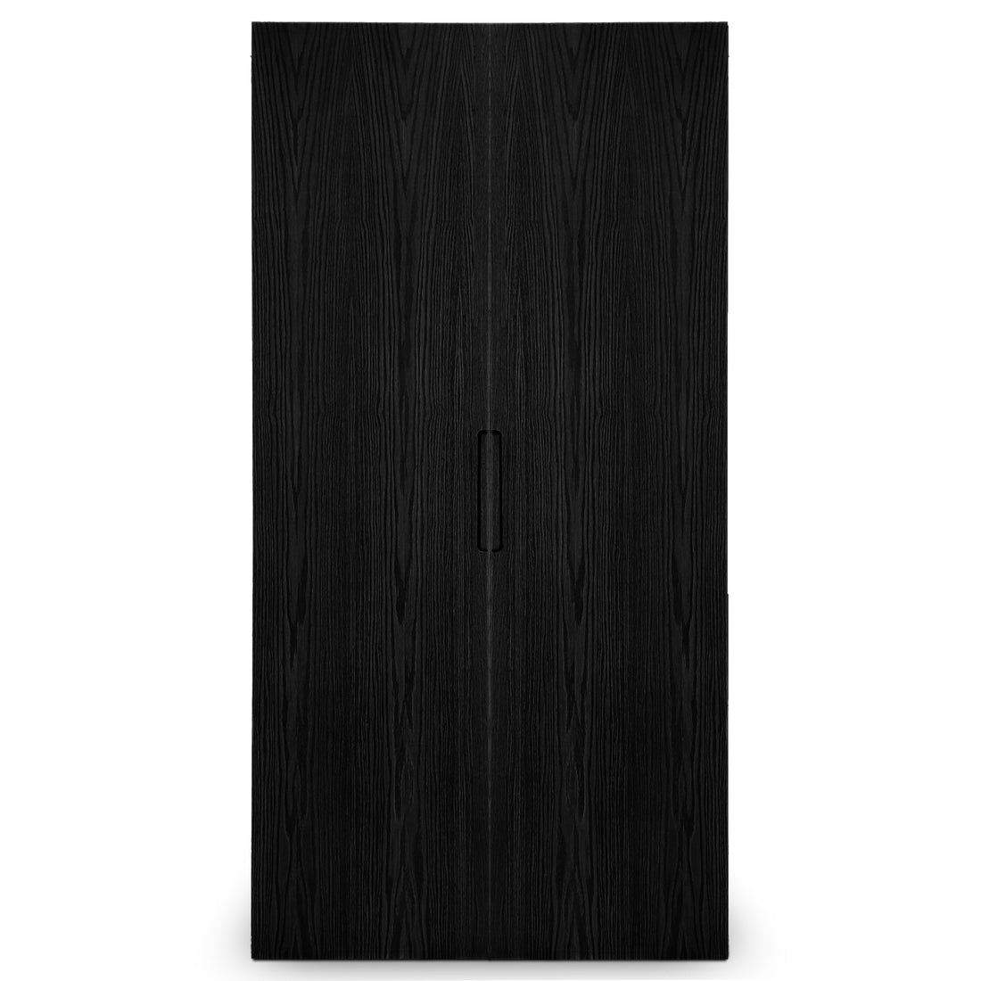 Le Cabinet double fini Onyx | Porte pleine de Humble Nature présente un design haut et fermé avec une texture de grain de bois foncé et une poignée centrale verticale subtile, fabriquée en placage de chêne rouge. Ses motifs de bois distincts évoquent lélégance naturelle des trois styles de porte de la collection Cabinet.