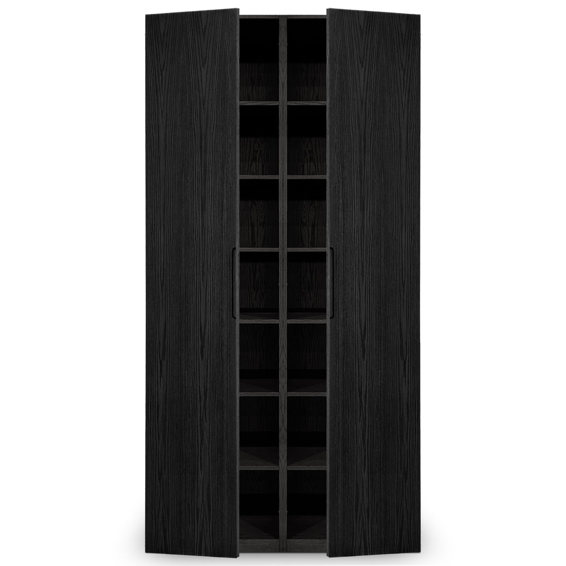 Larmoire double fini Onyx de Humble Nature, haute et élégante, présente un design moderne avec des portes pleines en bois foncé, partiellement ouvertes pour révéler plusieurs étagères à lintérieur. Rehaussée de placage de chêne rouge et de trois styles de porte, elle présente des poignées centrales proéminentes pour un look élégant.
.