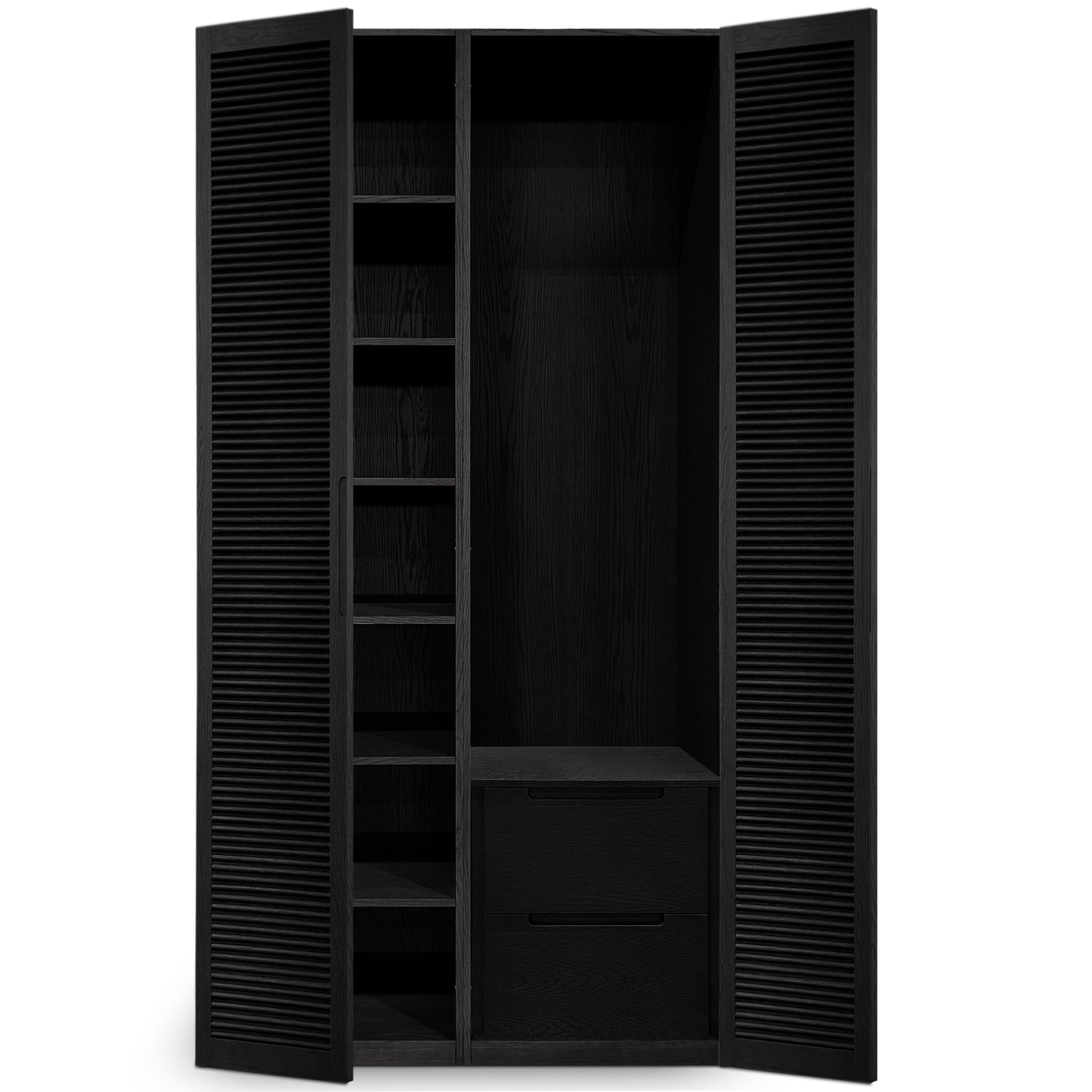 Larmoire double fini Onyx | Porte persienne de Humble Nature est une armoire en bois noir dotée de deux portes persiennes ouvertes, dotée détagères à gauche et de tiroirs à droite pour un rangement pratique, dégageant un design darmoire élégant et haut de gamme.