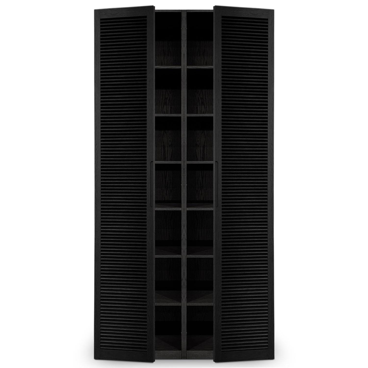 Larmoire double fini Onyx | Porte persienne de Humble Nature présente un design à persiennes haut, moderne et minimaliste en noir avec des portes doubles légèrement ouvertes révélant plusieurs étagères intérieures pour un grand espace de rangement. Découvrez lélégance discrète de cette pièce haut de gamme.