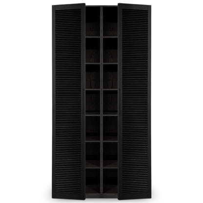 Larmoire double fini Onyx | Porte persienne de Humble Nature présente un design à persiennes haut, moderne et minimaliste en noir avec des portes doubles légèrement ouvertes révélant plusieurs étagères intérieures pour un grand espace de rangement. Découvrez lélégance discrète de cette pièce haut de gamme.