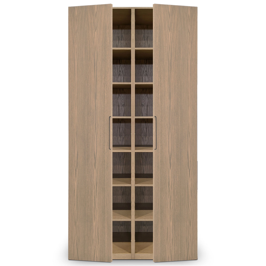 Une armoire penderie haute double en bois finition Authentik de Humble Nature, avec une finition placage de chêne rouge brun clair et des motifs de grain visibles, comporte deux portes légèrement ouvertes révélant plusieurs étagères. La pièce raffinée est dotée de poignées en métal élégantes pour une ouverture facile.