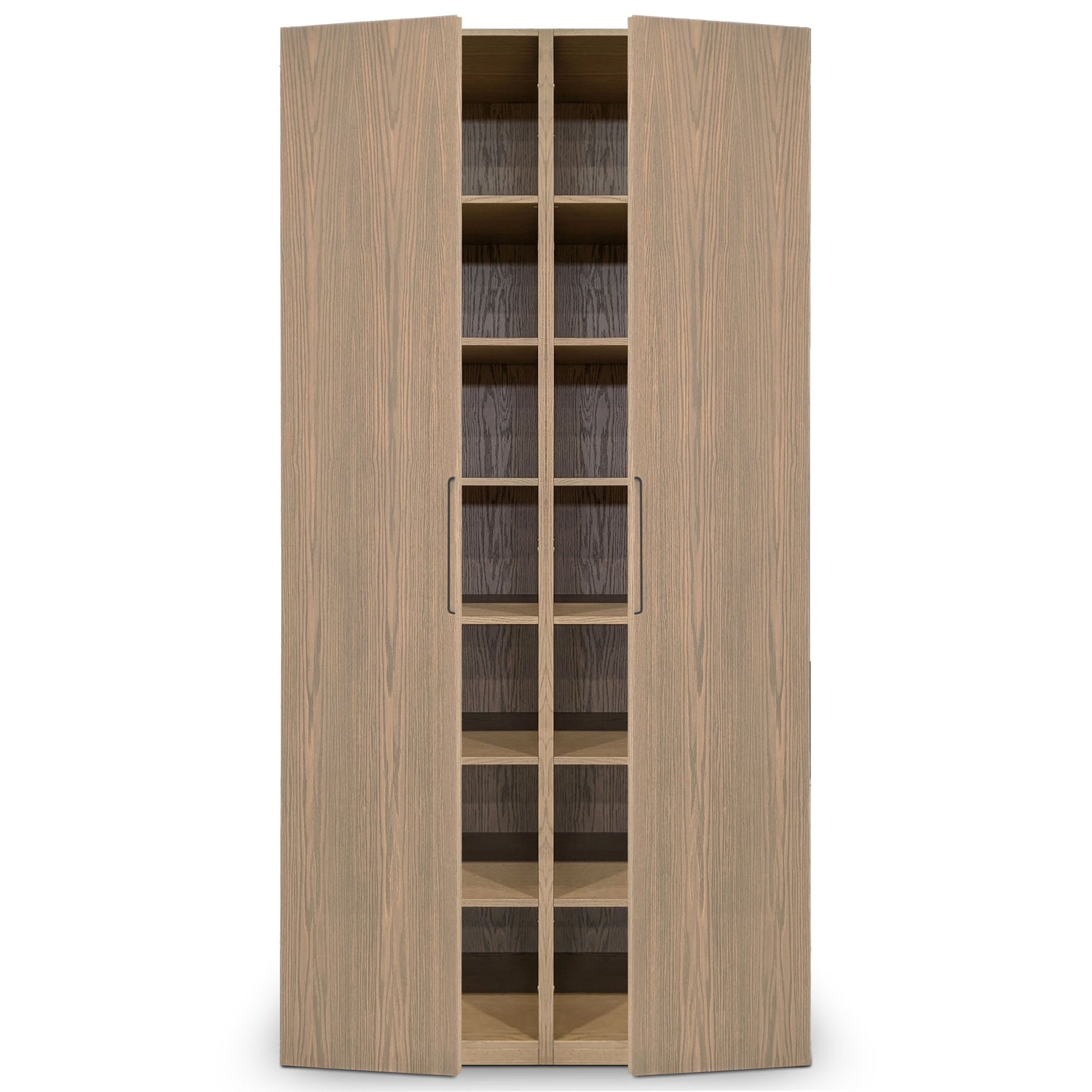 Une armoire penderie haute double en bois finition Authentik de Humble Nature, avec une finition placage de chêne rouge brun clair et des motifs de grain visibles, comporte deux portes légèrement ouvertes révélant plusieurs étagères. La pièce raffinée est dotée de poignées en métal élégantes pour une ouverture facile.