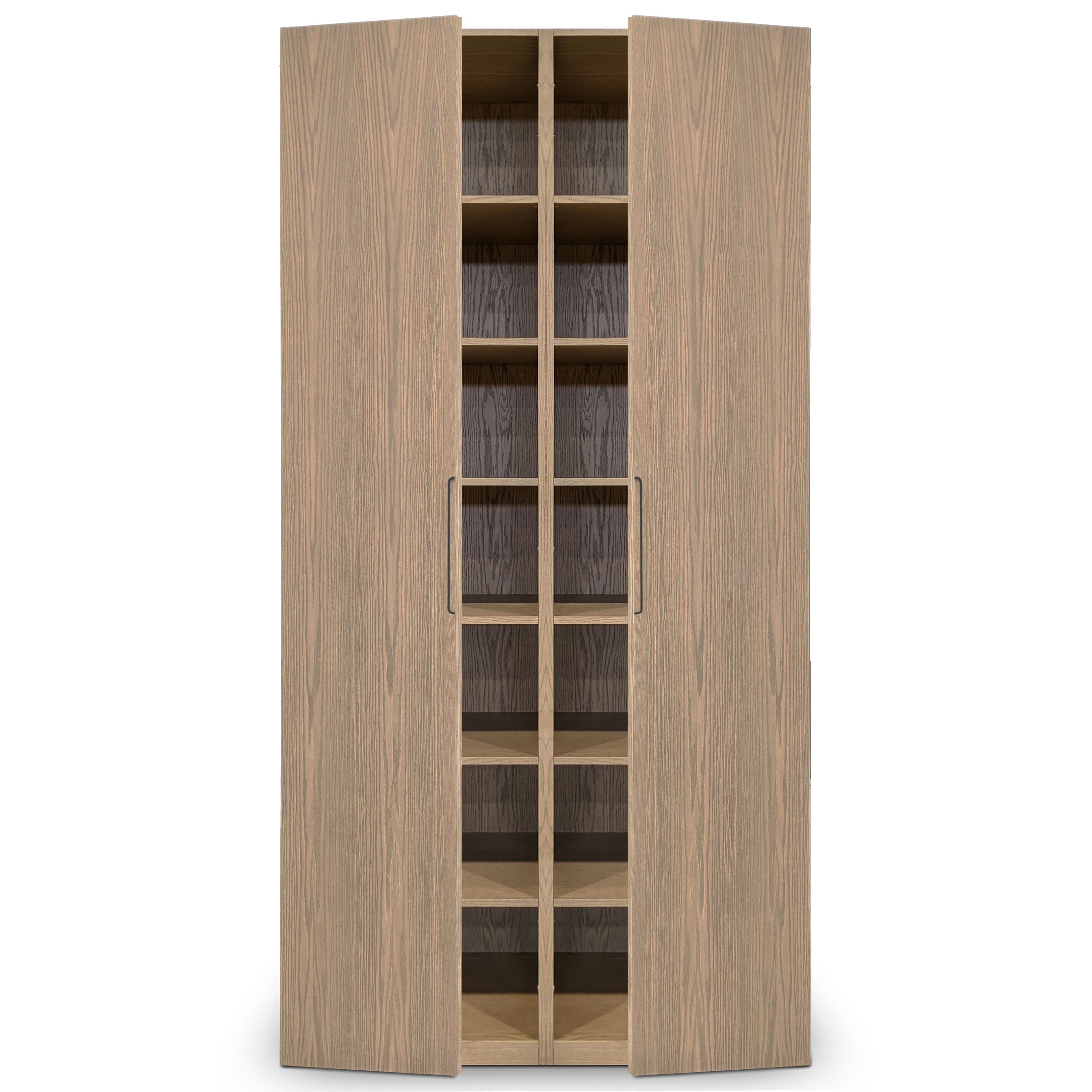 Une armoire penderie haute double en bois finition Authentik de Humble Nature, avec une finition placage de chêne rouge brun clair et des motifs de grain visibles, comporte deux portes légèrement ouvertes révélant plusieurs étagères. La pièce raffinée est dotée de poignées en métal élégantes pour une ouverture facile.