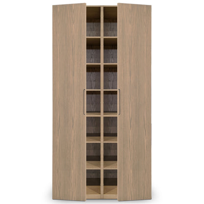 Une armoire penderie haute double en bois finition Authentik de Humble Nature, avec une finition placage de chêne rouge brun clair et des motifs de grain visibles, comporte deux portes légèrement ouvertes révélant plusieurs étagères. La pièce raffinée est dotée de poignées en métal élégantes pour une ouverture facile.