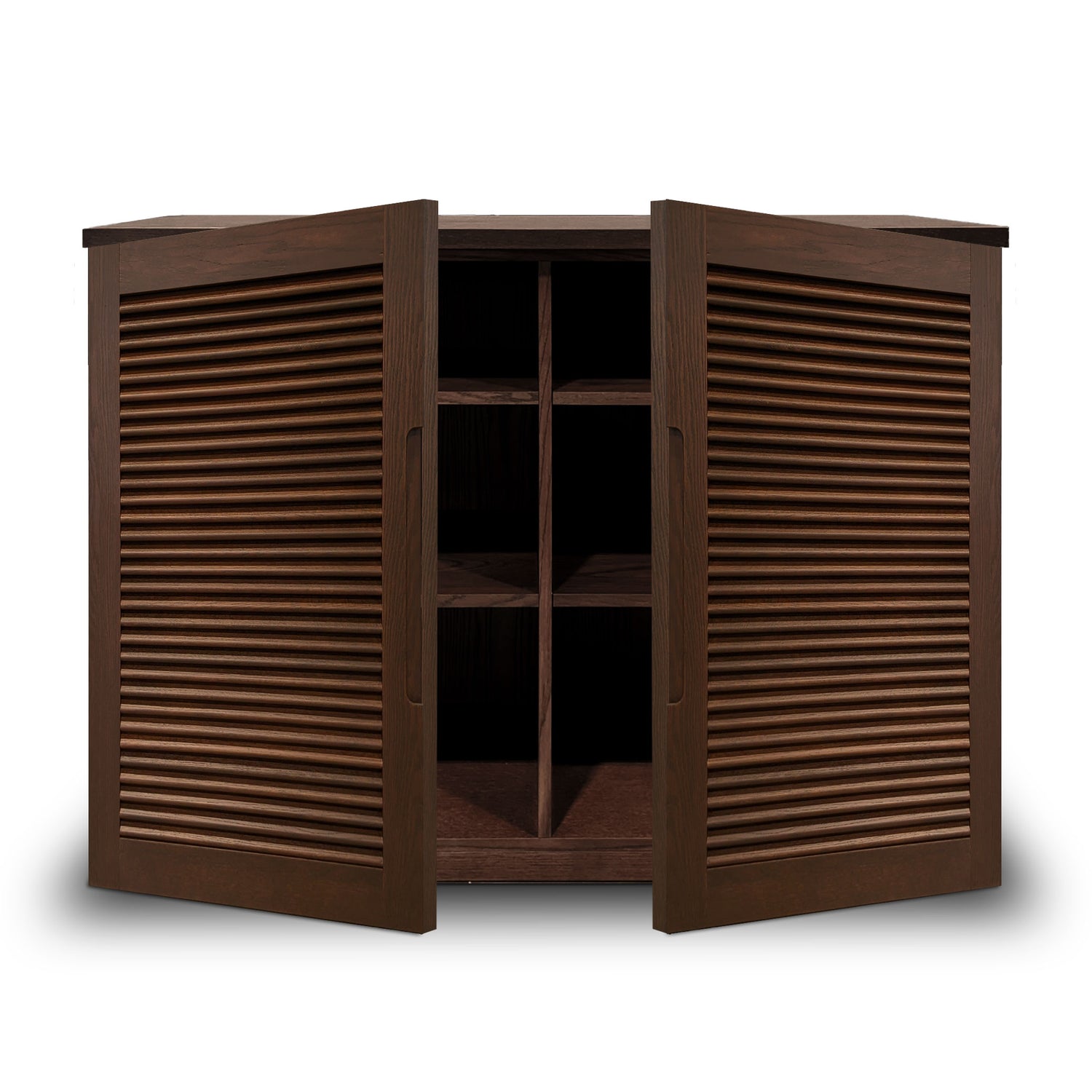 La console Humble Nature Cabinet fini pecan | porte persienne présente une forme rectangulaire avec des portes à persiennes légèrement ouvertes, révélant quatre compartiments. Sa riche finition brun foncé et son placage en chêne rouge ajoutent de lélégance sur le fond blanc.